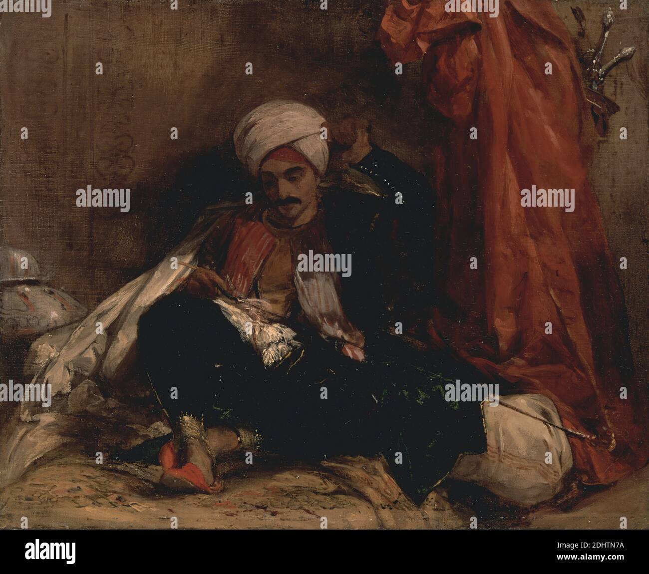 Turk sentado, Richard Parkes Bonington, 1802–1828, Británico, 1826, óleo  sobre lienzo, Soporte (PTG): 13 1/4 x 16 1/4 pulgadas (33.7 x 41.3 cm),  claroscuro, traje, cortinas, cortinas, tela, interior, luz, hombre, retrato,