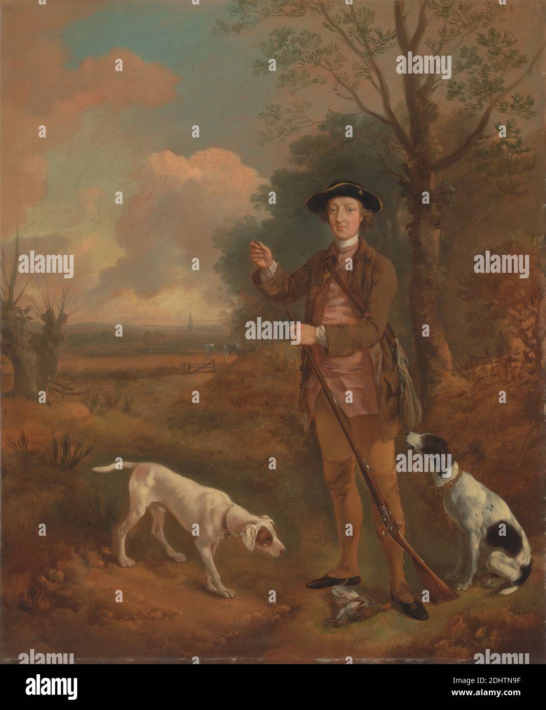 El mayor John Dade, de Tannington, Suffolk, Thomas Gainsborough RA, 1727–1788, británico, ca. 1755, Óleo sobre lienzo, Soporte (PTG): 30 x 25 1/2 pulgadas (76.2 x 64.8 cm), animales, traje, país, perros (animales), sombrero, cazador, rifles de caza, retrato, rifle, grabados deportivos, tricornio Foto de stock