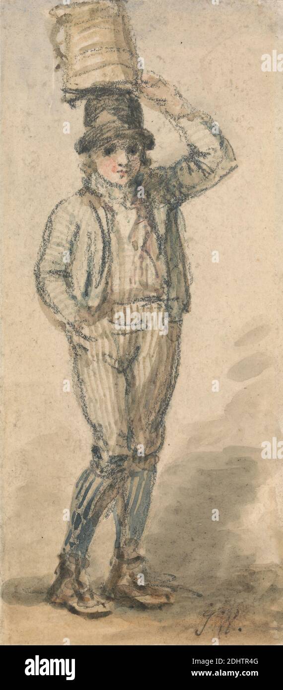 Niño llevando un cubo en su cabeza, James Ward, 1769–1859, británico, sin fecha, acuarela sobre grafito en papel mediano, suave, crema de la paloma, Hoja: 5 3/8 x 2 3/8 pulgadas (13.7 x 6 cm), niño, estudio de la figura, género tema, cubo Foto de stock
