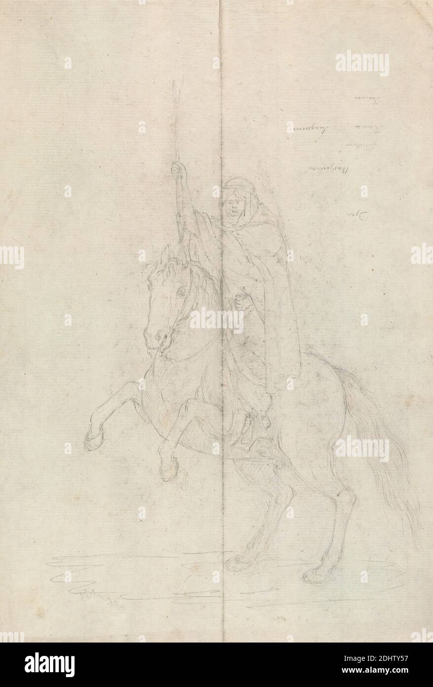 Hombre a caballo con pájaro, James Bruce, 1730–1794, británico, sin fecha, grafito en medio, textura moderada, papel de color crema, Hoja: 12 1/2 × 9 pulgadas (31.8 × 22.9 cm), arte animal Foto de stock