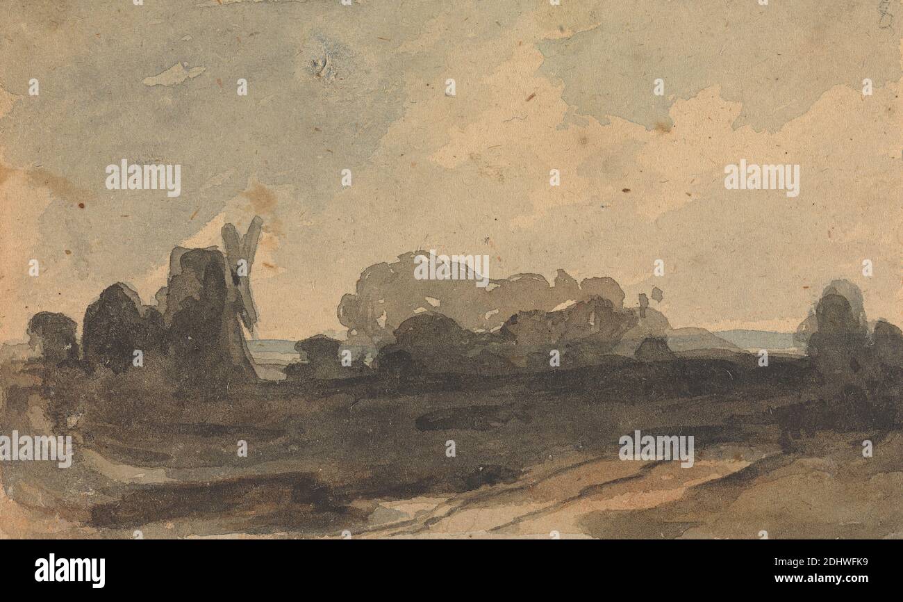 Paisaje con árboles y molino de viento, Thomas Sully, 1783–1872, Americano, sin fecha, acuarela sobre medio, moderadamente texturizada, beige, papel de paloma, Hoja: 2 5/8 × 4 1/4 pulgadas (6.7 × 10.8 cm Foto de stock