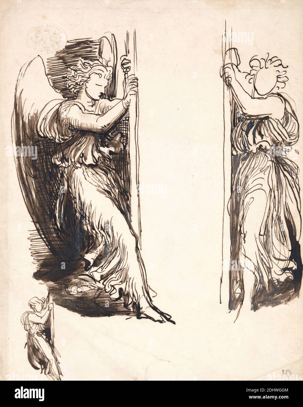 Estudios para los Ángeles en la Corte de la muerte, George Frederick Watts, 1817–1904, británico, sin fecha, tinta negra y tinta marrón y grafito en medio, textura ligera, papel de color crema, Hoja: 9 × 7 1/8 pulgadas (22.9 × 18.1 cm), ángeles, estudio de la figura, alas Foto de stock