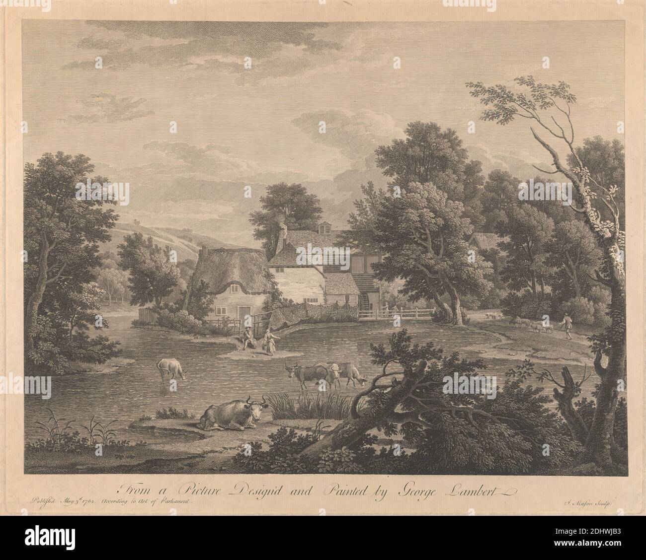 Untitled (duplicado de B1977.14.11857), James Mason, 1710–1783, British, After George Lambert, 1700–1765, British, 1862, Grabado, ganado, casa de campo, tema de género, paisaje Foto de stock