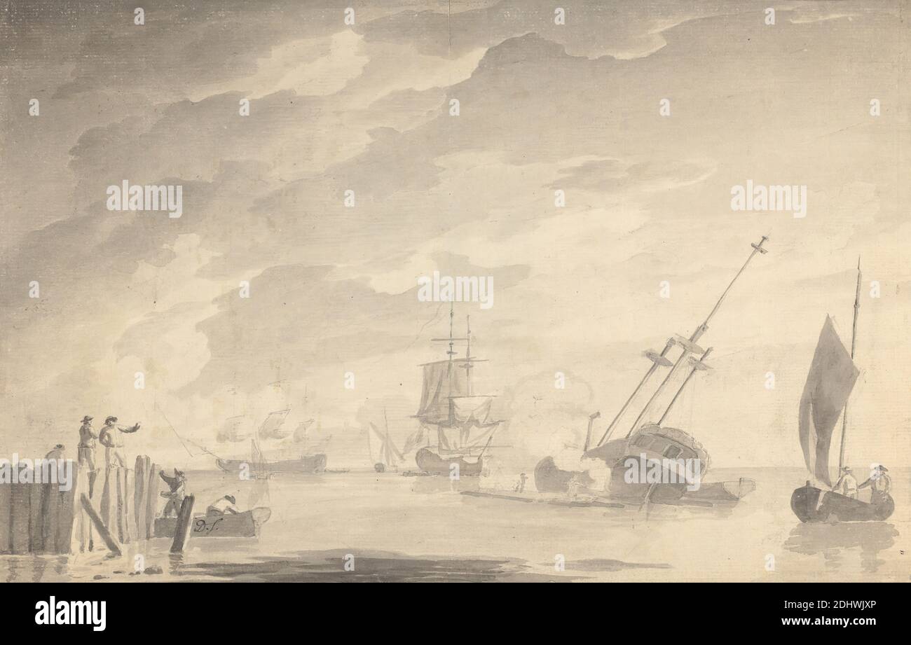 Escena de batalla, tres acorazados, un hundimiento; figuras a la izquierda en bote de remos y muelle permanente, atribuidas a Dominic Serres RA, 1722–1793, francés, activo en Gran Bretaña (desde la década de 1750), anteriormente atribuido a Joseph Cartwright, c.1789–1829, británico, sin fecha, pluma, en tinta gris, tinta negra, lavado gris y grafito en crema mediana, moderadamente texturizada, Papel colocado, montado sobre, moderadamente grueso, liso, beige, papel de paloma, montaje: 13 1/2 cm (34.3 pulgadas) y Hoja: 1/8 cm × 36.2 cm (9 14 1/4 × 23.2 pulgadas) Foto de stock