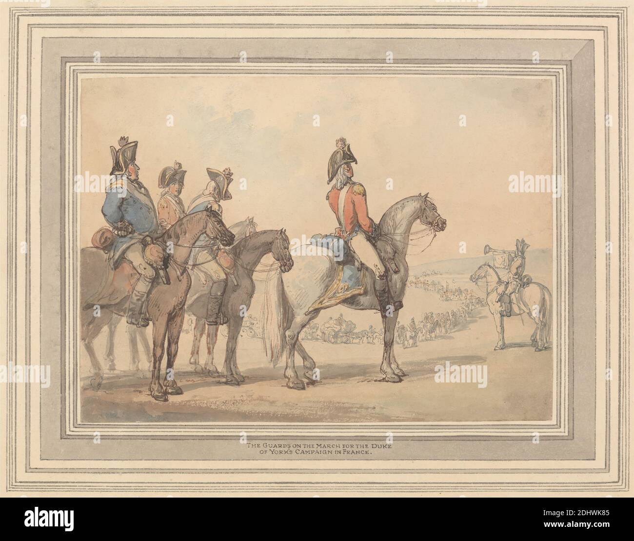 Los guardias en la marcha por la Campaña del Duque de York en Francia, Thomas Rowlandson, 1756–1827, británico, sin fecha, acuarela, pluma y tinta marrón, pluma y tinta roja, pluma y tinta gris, y grafito en papel de move beige moderadamente grueso, de textura moderada, hoja: 6 3/4 × 9 1/4 pulgadas (17.1 × 23.5 cm) y montaje: 11 1/8 × 13 3/8 pulgadas (28.3 × 34 cm), campaña, guardias, sombreros, cuerno (instrumento musical), caballos (animales), arte militar, uniformes, militares, Europa, Francia Foto de stock