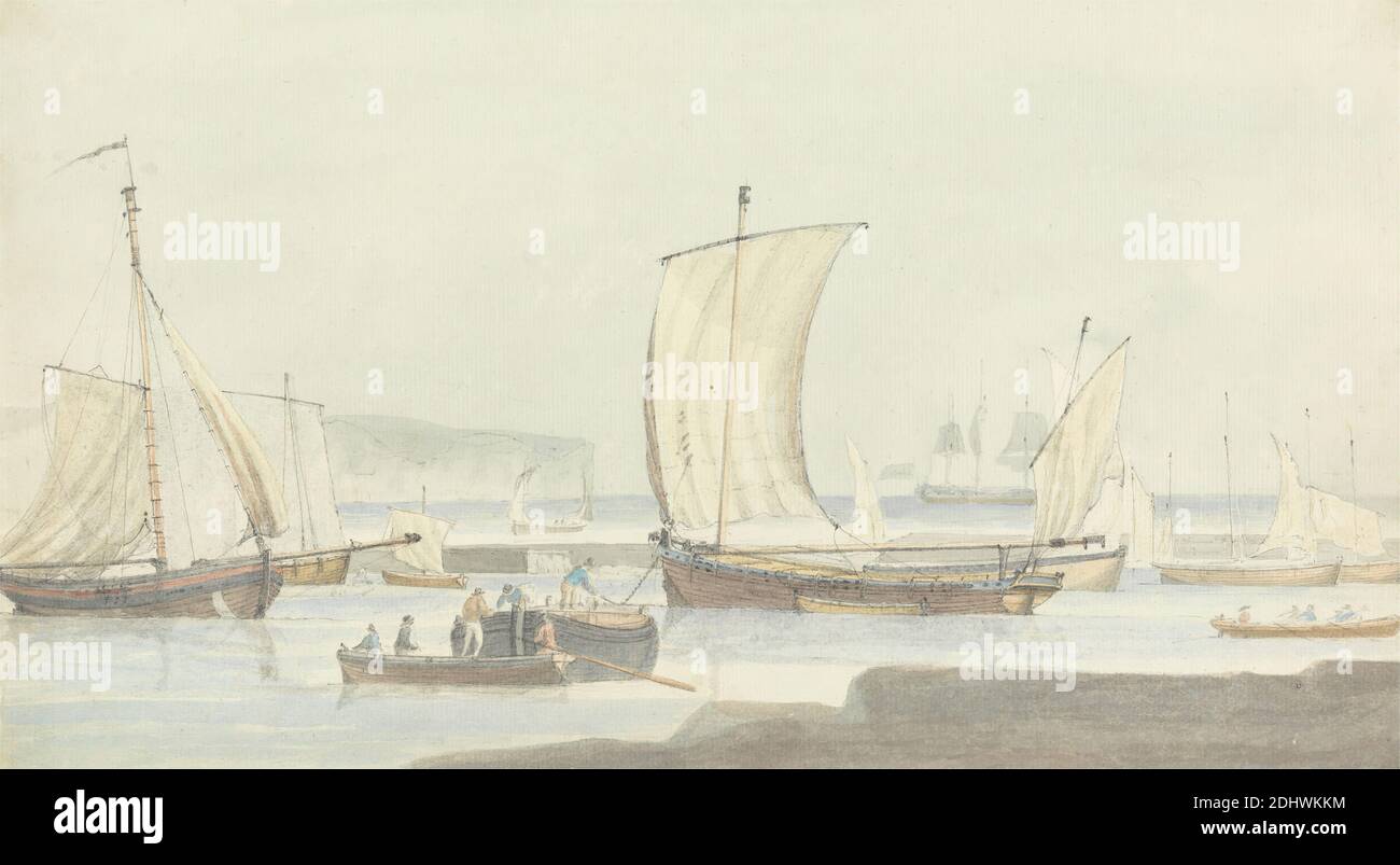 Harbor Scene, Dominic Serres RA, 1722–1793, francés, activo en Gran Bretaña (desde la década de 1750), entre 1758 y 1793, grafito y acuarela sobre medio, textura moderada, papel de color crema, Hoja: 9 11/16 x 17 3/8pulg. (24.6 x 44,1cm) y Hoja: 9 3/4 × 17 1/2 pulgadas (24.8 × 44.5 cm), puerto, veleros, mar, transporte marítimo, envío, buques de guerra Foto de stock