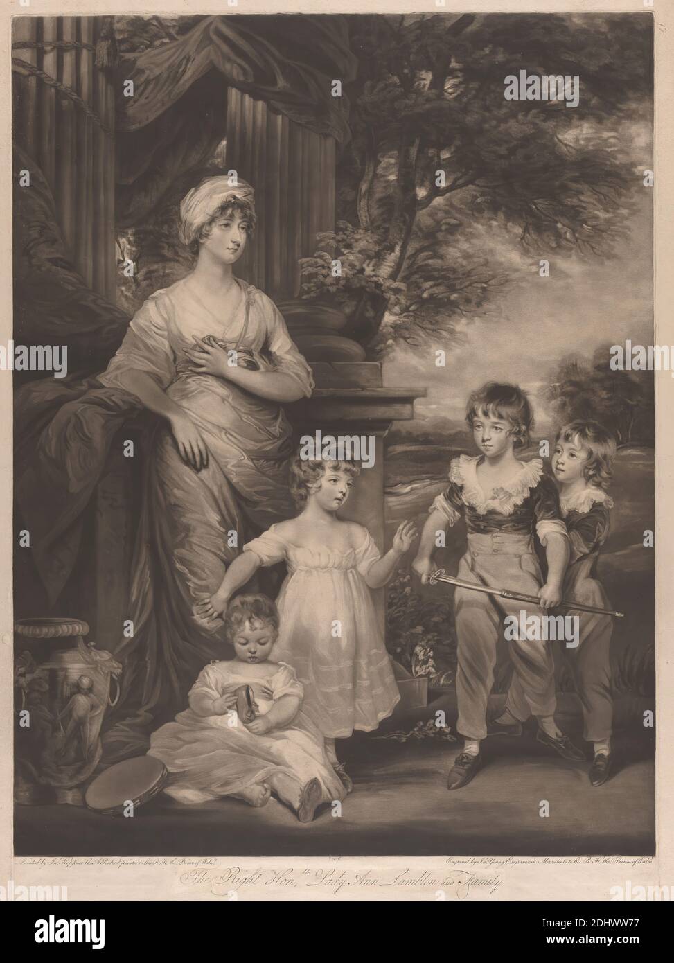 Lady Anne Lambton and Family, impresión hecha por John Young, 1755–1825, británico, después de John Hoppner, 1758–1810, británico, publicado por John Young, 1755–1825, británico, 1799, Mezzotint (primer estado) sobre papel de color crema ligeramente grueso, ligeramente texturizado, hoja: 27 1/4 × 21 1/2 pulgadas (69.2 × 54.6 cm) e imagen: 24 3/8 cm × 47.3 cm (18 5/8 pulg. × 61.9 pulg.) Foto de stock