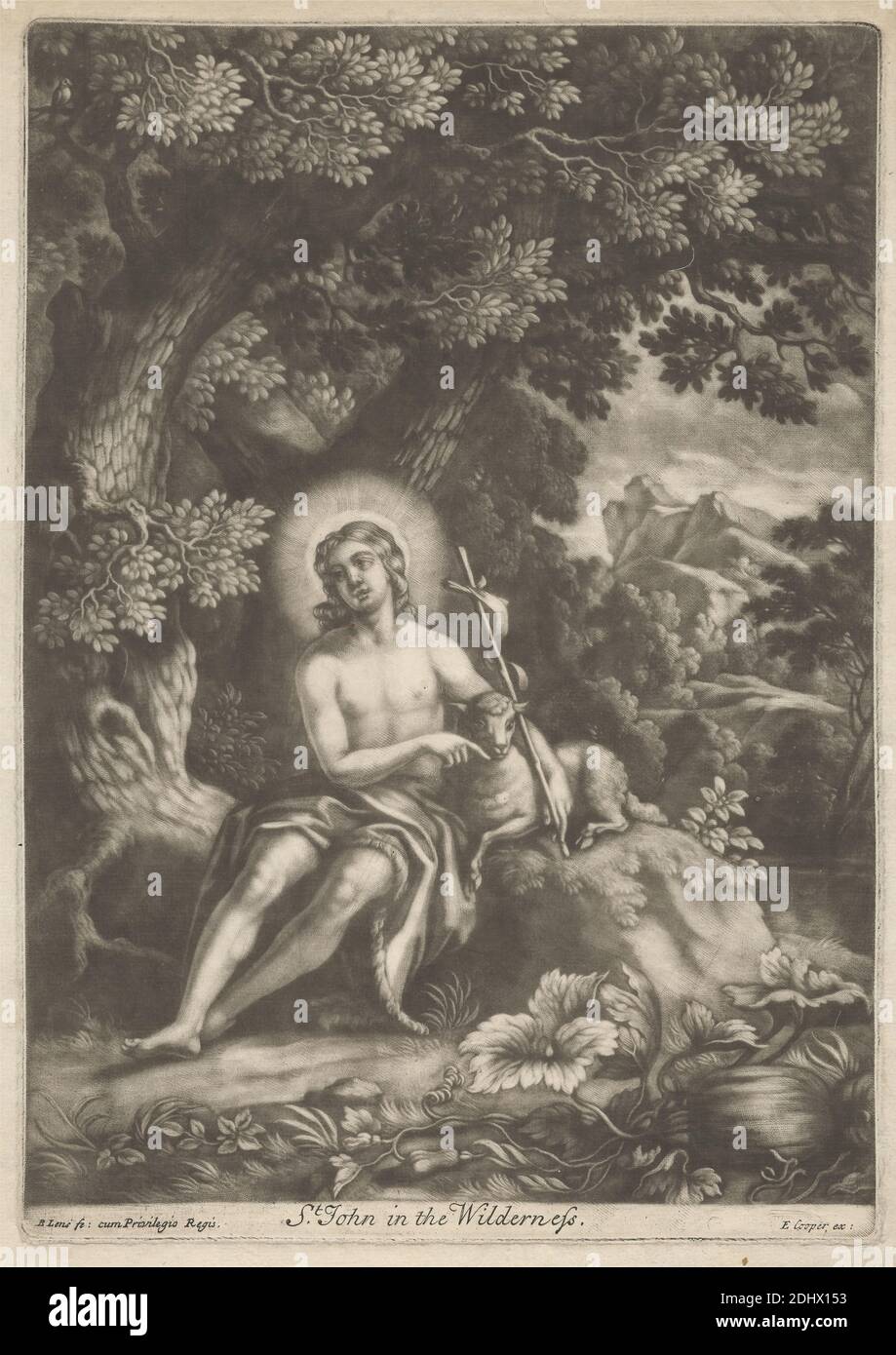 San Juan en la naturaleza, impresión hecha por Bernard Lens, 1659–1725, británico, sin fecha, Mezzotint en papel medio, moderadamente texturizado, crema, hoja: 12 3/16 × 8 9/16 pulgadas (31 × 21.7 cm), placa: 11 1/16 × 7 13/16 pulgadas (28.1 × 19.8 cm), e imagen: 10 3/4 × 7 3/4 pulgadas (27.3 × 19.7 cm), descalzo, cabello de camello, cruz (objeto), cruces (motivos), halos, Juan el Bautista; posibles atributos: Libro, cruz de caña, copa bautismal, panal de miel, cordero, personal - vida temprana del santo masculino, cordero, montaña, obediencia, profeta, caña, sujeto religioso y mitológico, sentado, árboles, vides, desierto Foto de stock