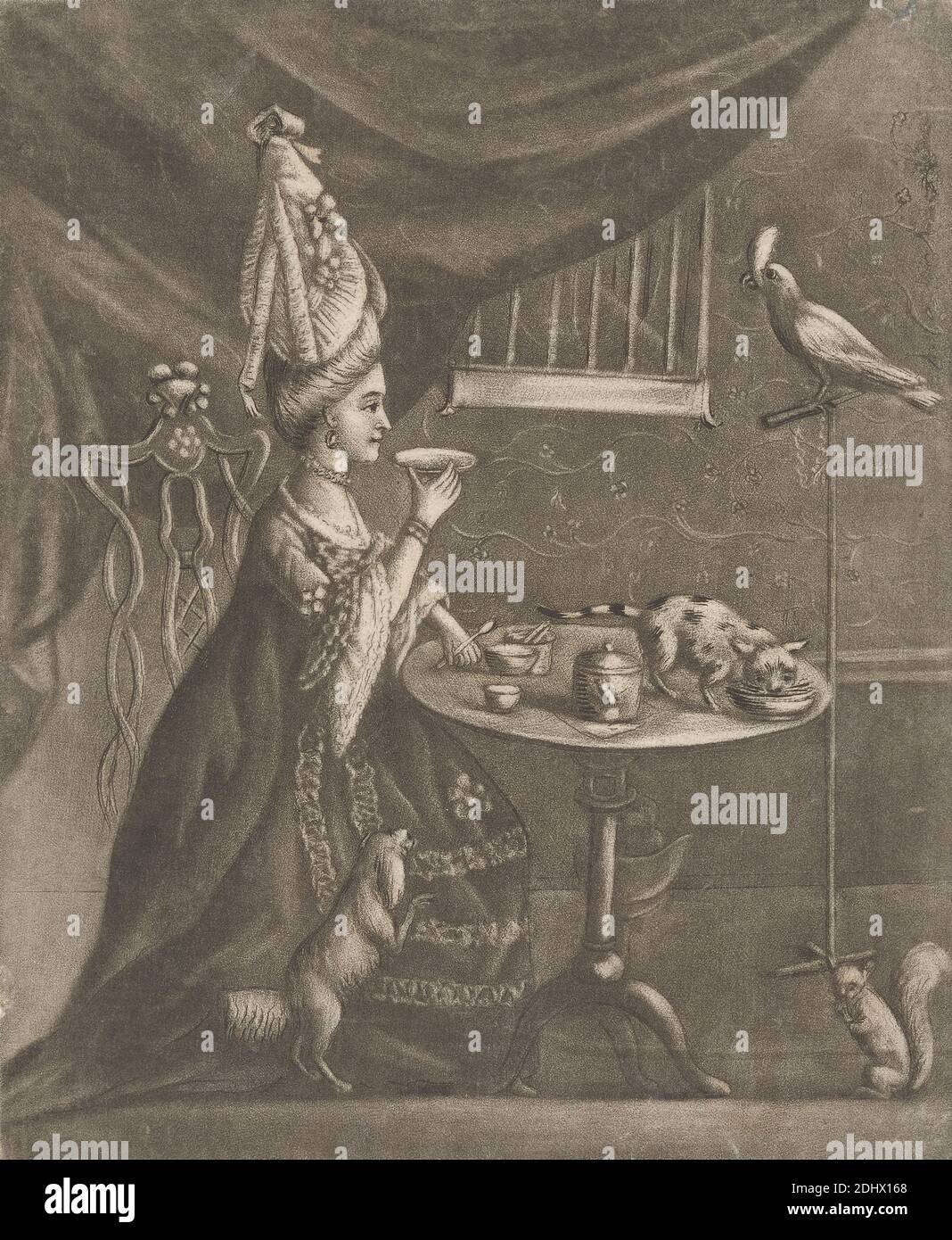 Mujer tomando té, impresión hecha por Bernard Lens, 1659–1725, británico, sin fecha, Mezzotint en papel mediano, moderadamente texturizado, beige, hoja: 5 1/2 × 4 1/2 pulgadas (14 × 11.4 cm Foto de stock