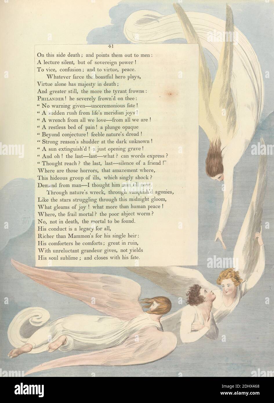 Pensamientos de la Noche de los jóvenes, Página 41, 'una Marca radiante, el lecho de muerte del justo', impresión hecha por William Blake, 1757–1827, British, ca. 1797, grabado y grabado de líneas con acuarela sobre papel de paloma crema de grosor moderado, ligeramente texturizado, columna: 16 3/4 pulgadas (42.5 cm), Hoja: 16 1/2 x 12 5/8 pulgadas (41.9 x 32.1 cm), y placa: 16 1/8 x 12 5/8 pulgadas (41 x 32.1 cm), ángeles, nubes, tema literario, texto, alas Foto de stock