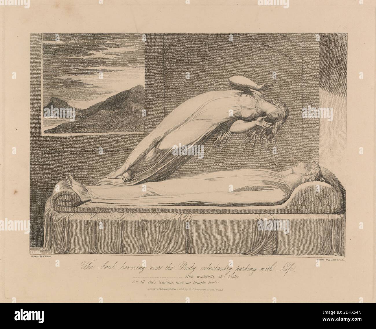 The Soul flotando sobre el cuerpo a regañadientes Parting with Life, impresión hecha por Luigi Schiavonetti, 1765–1810, italiano, después de William Blake, 1757–1827, británico, texto de Robert Blair, 1699–1746, británico, publicado por Rudolf Ackermann, 1764–1834, británico, 1808, publicado 1813, Etching sobre papel de textura moderada, hoja: 11 3/8 × 15 pulgadas (28.9 × 38.1 cm), placa: 8 3/8 × 10 1/2 pulgadas (21.3 × 26.7 cm), e imagen: 6 1/4 × 9 pulgadas (15.9 × 22.9 cm), cama, cuerpo, muerte, partida, miedo, vestidos, lago, vida, tema literario, anhelo, hombre, montañas, religiosos y mitológicos Foto de stock