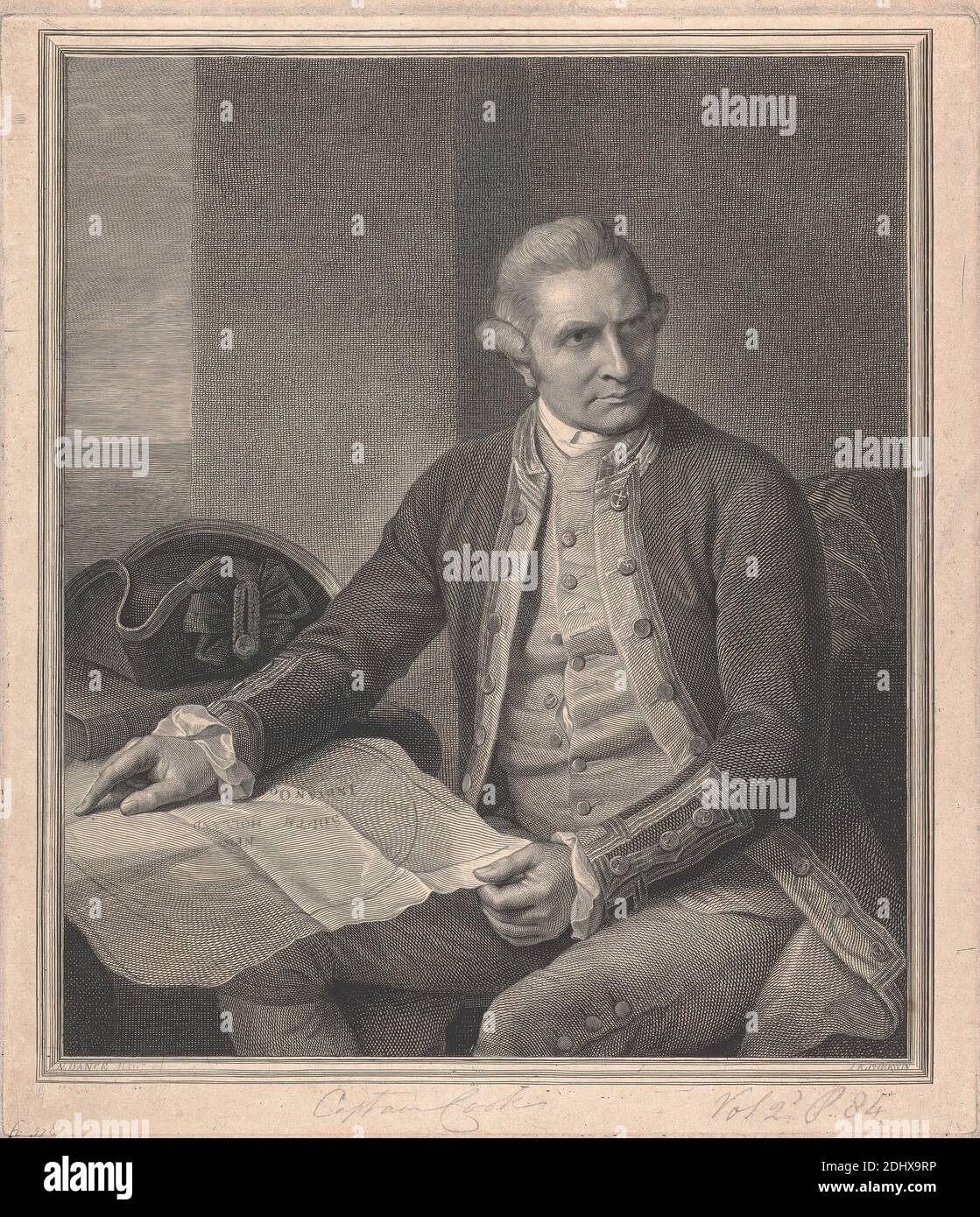 Capitán James Cook, John Keyse Sherwin, c.1751–1790, británico, después de Nathaniel Dance RA, 1735–1811, británico, 1784, grabado de líneas en moderadamente grueso, moderadamente texturizado, crema, papel laico, Hoja: 12 × 10 3/8 pulgadas (30.5 × 26.4 cm), placa: 11 5/8 × 10 1/8 pulgadas (29.5 × 25.7 cm), e imagen: 10 3/8 × 8 3/4 pulgadas (26.4 × 22.2 cm Foto de stock