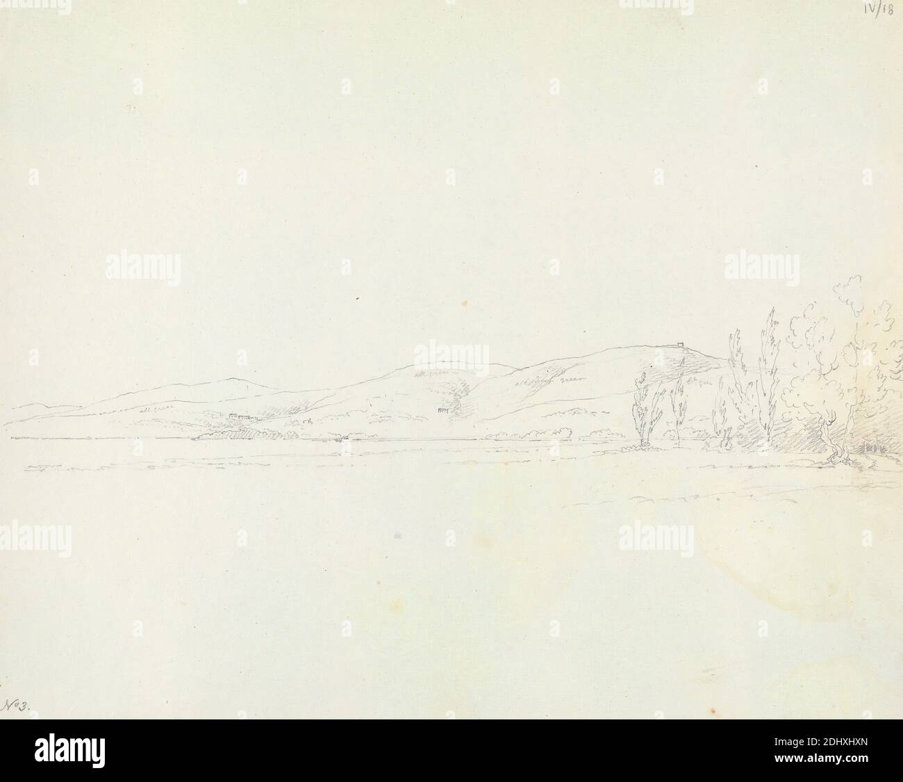 El Lago de Thrasimene, Sir Robert Smirke el joven, 1781–1867, británico, 1804, grafito sobre moderadamente grueso, moderadamente texturizado, beige, papel de paloma, Hoja: 8 15/16 × 11 1/4 pulgadas (22.7 × 28.6 cm Foto de stock