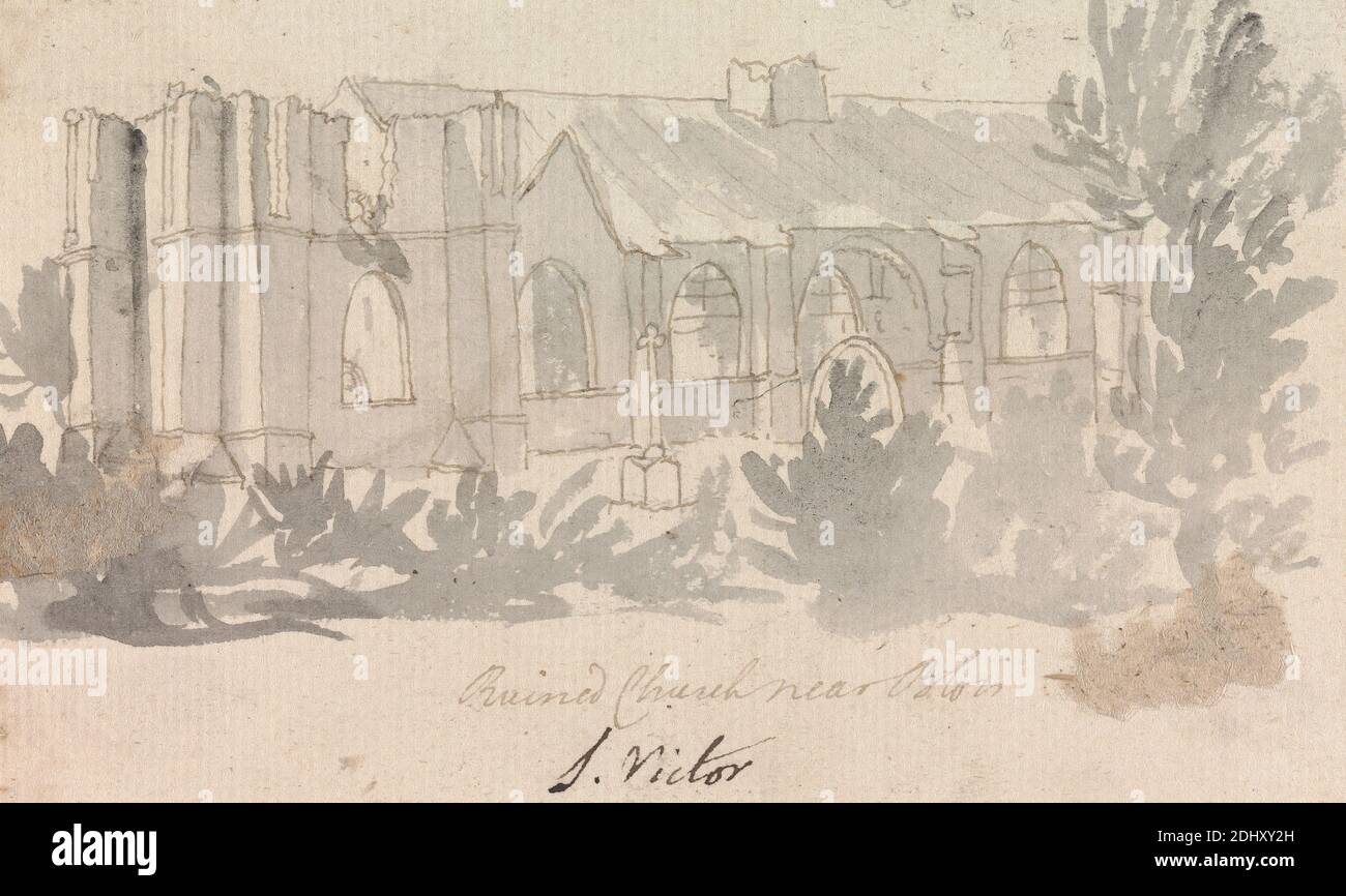 Iglesia en ruinas cerca de Blois, Henry Swinburne, 1743–1803, británico, sin fecha, lavado gris, grafito, pluma y tinta marrón en medio, moderadamente texturizada, blanco azulado, papel colocado, montado en, moderadamente grueso, ligeramente texturizado, crema, papel de paloma, montaje: 11 1/16 × 16 3/8 pulgadas (28.1 × 41.6 cm) y Hoja: 3 3/8 × 5 1/2 pulgadas (8.6 × 14 cm Foto de stock