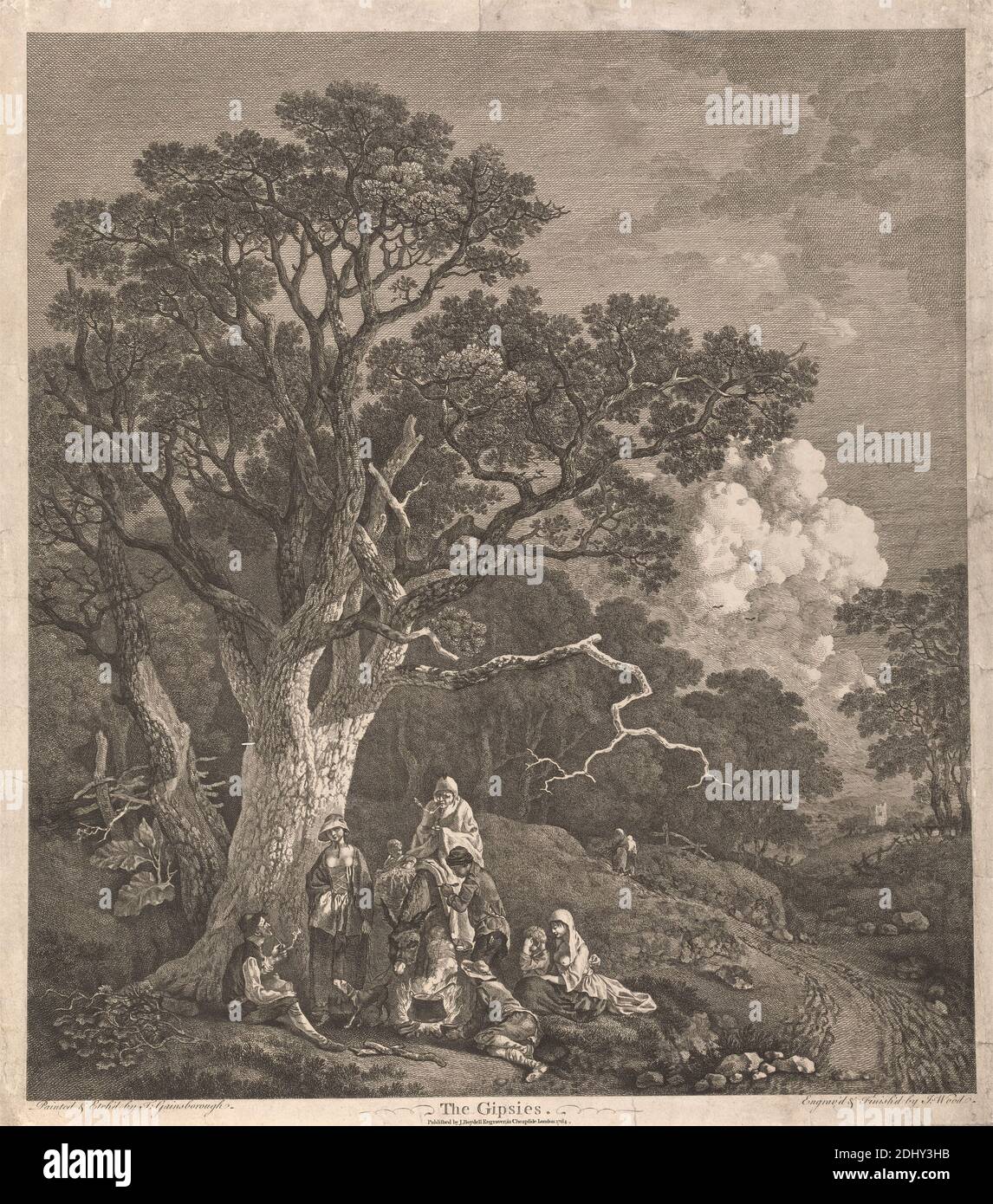 Los gitanos (paisaje boscoso con los gitanos alrededor de un fuego de campo), John Wood, 1728–1781, británico, después de Thomas Gainsborough RA, 1727–1788, británico, 1764, grabado y grabado, hoja: 18 5/8 x 16 9/16pulg. (47.3 x 42,1cm), perro (animal), valla, fuego, género, gitanos, árboles, bosques Foto de stock