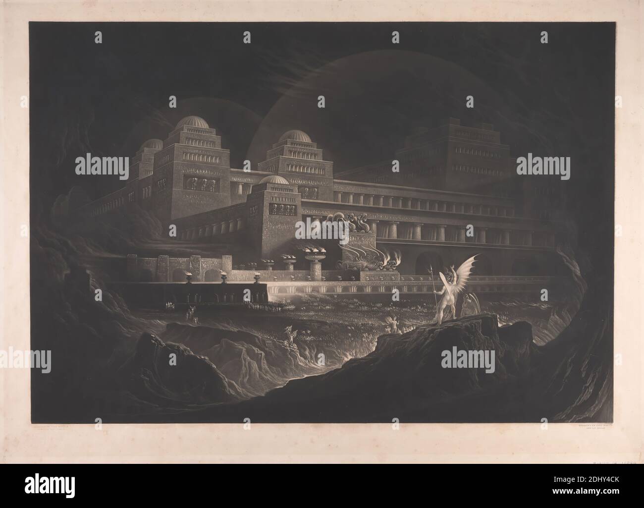 Pandemonium, impresión hecha por John Martin, 1789–1854, British, y J. P. Quilley, activo 1828, después de John Martin, 1789–1854, British, 1831, Mezzotint en papel de move de textura moderada, ligeramente grueso, crema, hoja: 22 3/8 × 30 3/4 pulgadas (56.8 × 78.1 cm) e imagen: 19 1/8 × 27 5/8 pulgadas (48.6 × 70.2 cm), ángel, edificio, caos, ciudad, acantilado, multitud, demonio, diablo, cúpula, dragón, elefante (animal), llama, infierno, tema literario, Paraíso perdido (publicado 1667) por John Milton, columna, tema religioso y mitológico, roca, escudo, lanza, estatua, antorcha, alas Foto de stock