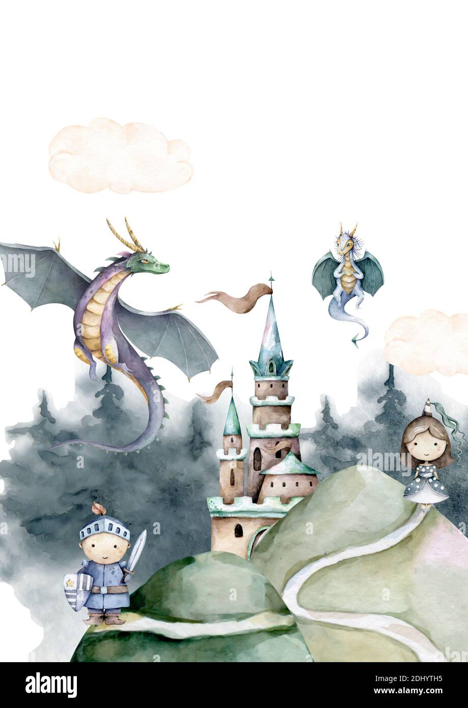 Vinilo infantil - Dragón con princesa y caballero (*‿*)