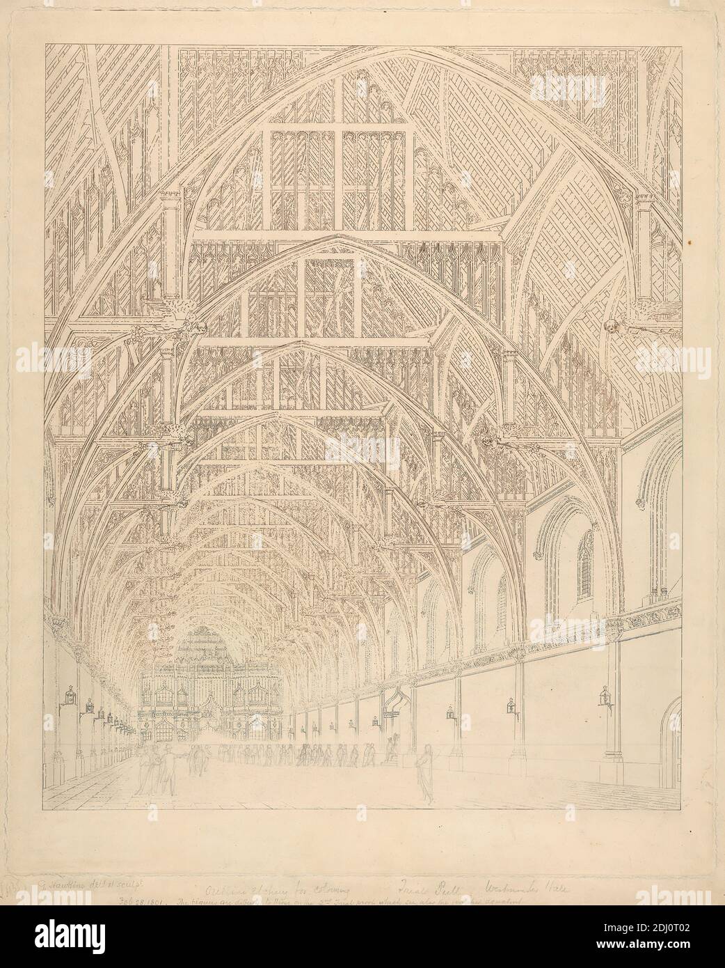 Vista interna de Westminster Hall, George Hawkins, 1819–1852, británico, después de George Hawkins, 1819–1852, británico, 1801, contorno grabado y grafito Foto de stock