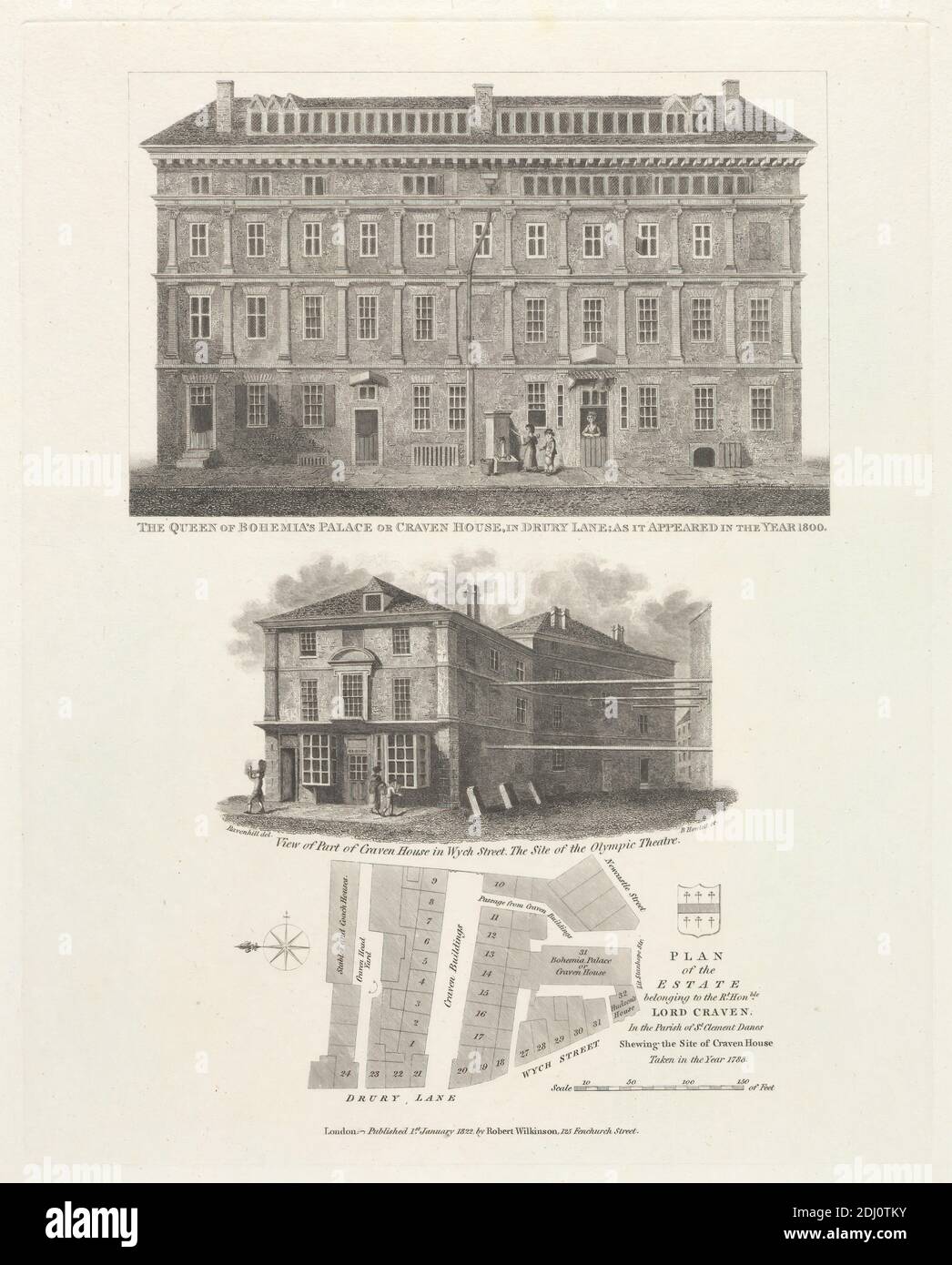 La Reina del Palacio de Bohemia, o Crover House en Drury Lane; como apareció en el año 1800, Bartholomew Howlett, 1767–1827, británico, después de artista desconocido, ( Ravenhill ), 1822, Grabado Foto de stock