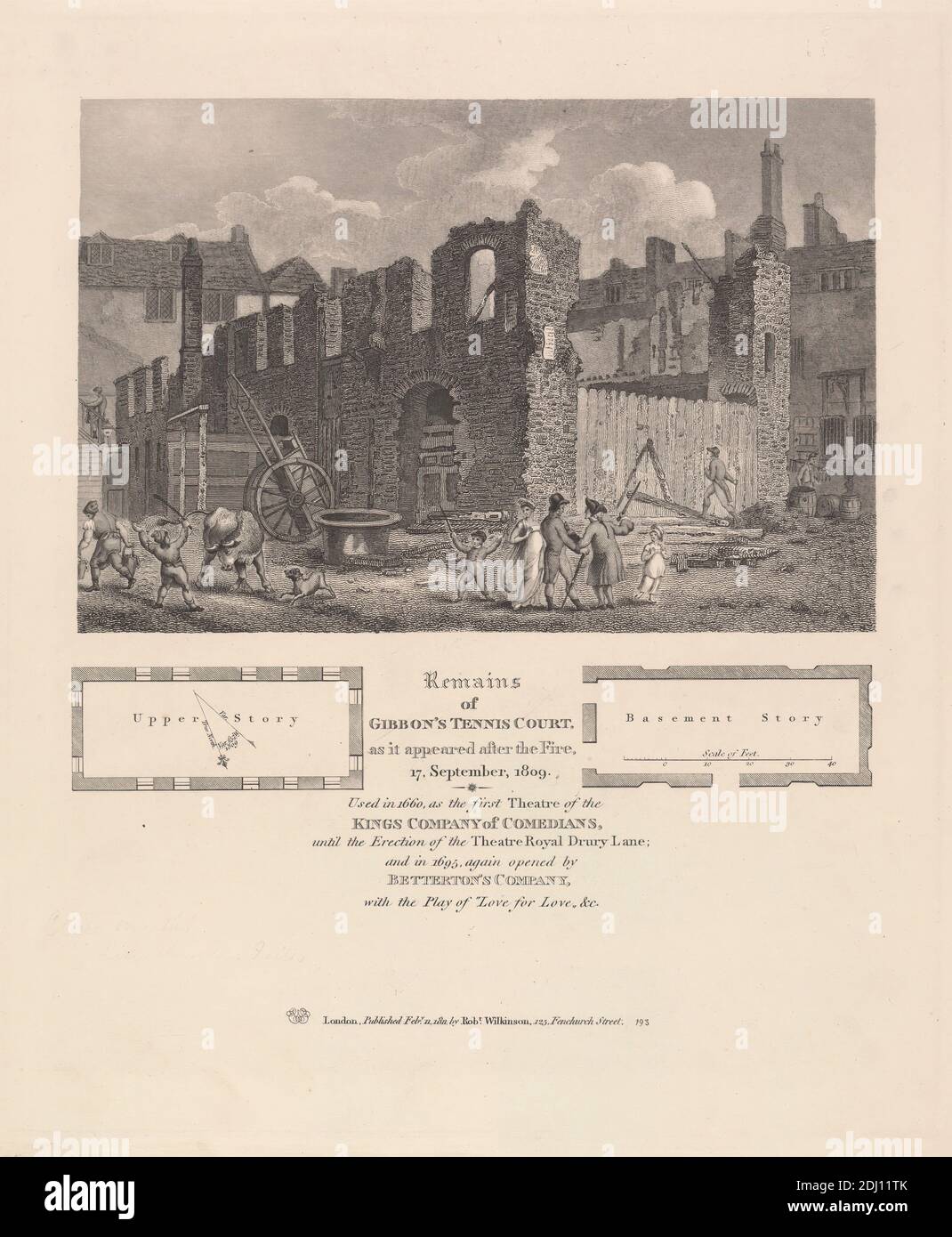 Restos de Gibbon's Tennis Court como apareció después del Fuego de 1809, artista desconocido, después de artista desconocido, 1811, Grabado Foto de stock