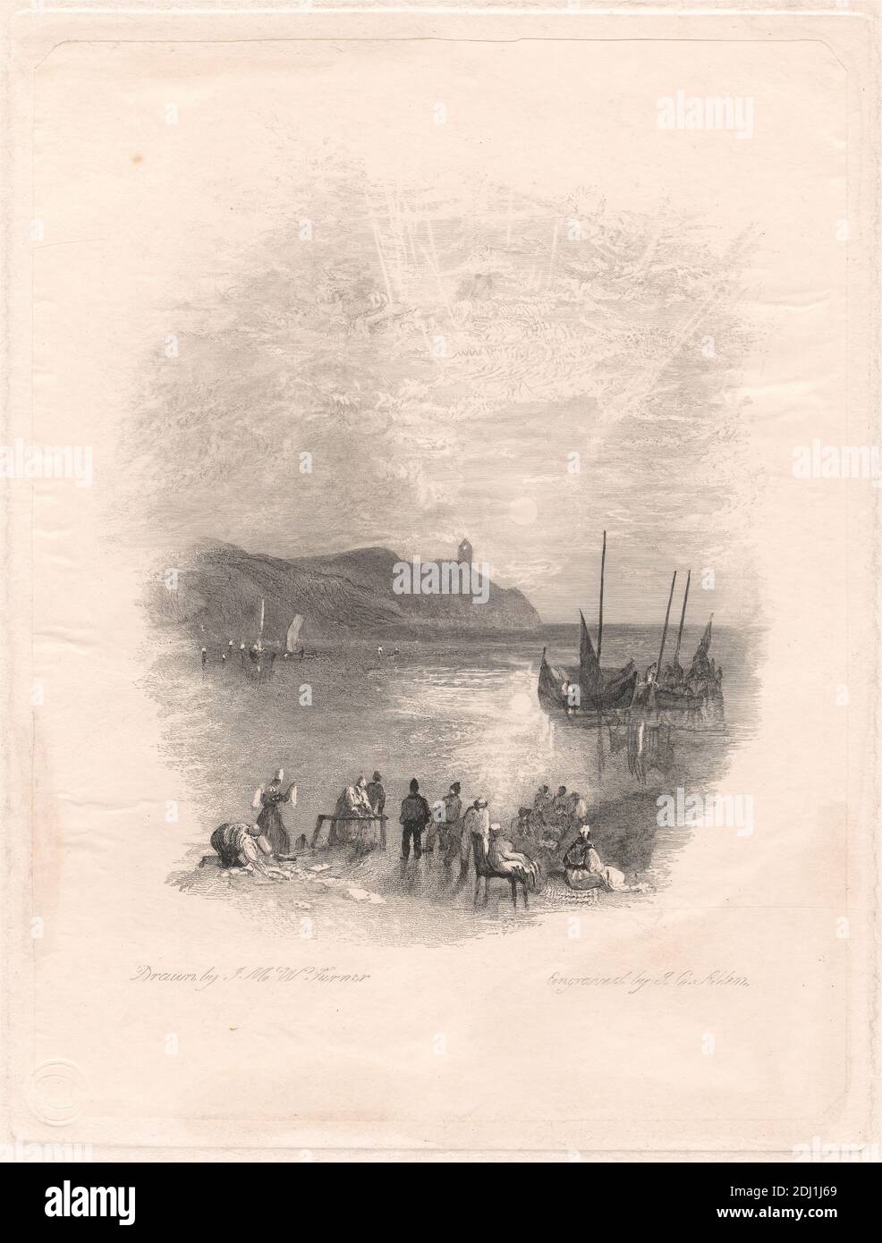 Harborough Sands, James C. Allen, activo 1821–1831, británico, después de Joseph Mallord William Turner, 1775–1851, británico, 1819-1826, grabado y grabado, primera estta sobre moderadamente grueso, ligeramente texturizado, crema, papel de paloma, con crema, chine colle, Hoja: 13 11/16 × 9 9/16 pulgadas (34.8 × 24.3 cm), placa: 6 11/16 × 5 1/8 pulgadas (17 × 13 cm), cuello de barbilla: 6 3/8 × 4 13/16 pulgadas (16.2 × 12.2 cm), e imagen: 4 3/4 × 4 pulgadas (12.1 × 10.2 cm) Foto de stock