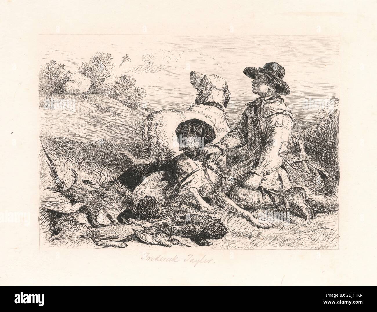 Niño sosteniendo 2 perros de pistola y juego, John Frederick Tayler, 1802–1889, Británico, 1857, Etching, Hoja: 3 1/4 x 4 1/2 pulg. (8.3 x 11,4 cm Foto de stock