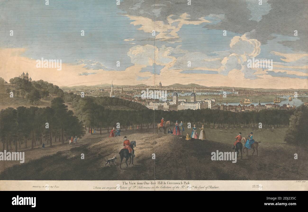 The View from One Tree Hill in Greenwich Park, John Wood, 1728–1781, británico, después de Peter Tillemans, 1684–1734, flamenco, activo en Gran Bretaña (desde 1708), 1744, grabado a mano de color sobre moderadamente grueso, moderadamente texturizado, beige, papel laico, Hoja: 16 3/16 × 26 pulgadas (41.1 × 66 cm) e imagen: 15 1/4 cm × 66 cm (26 pulg. × 38.7 pulg.) Foto de stock