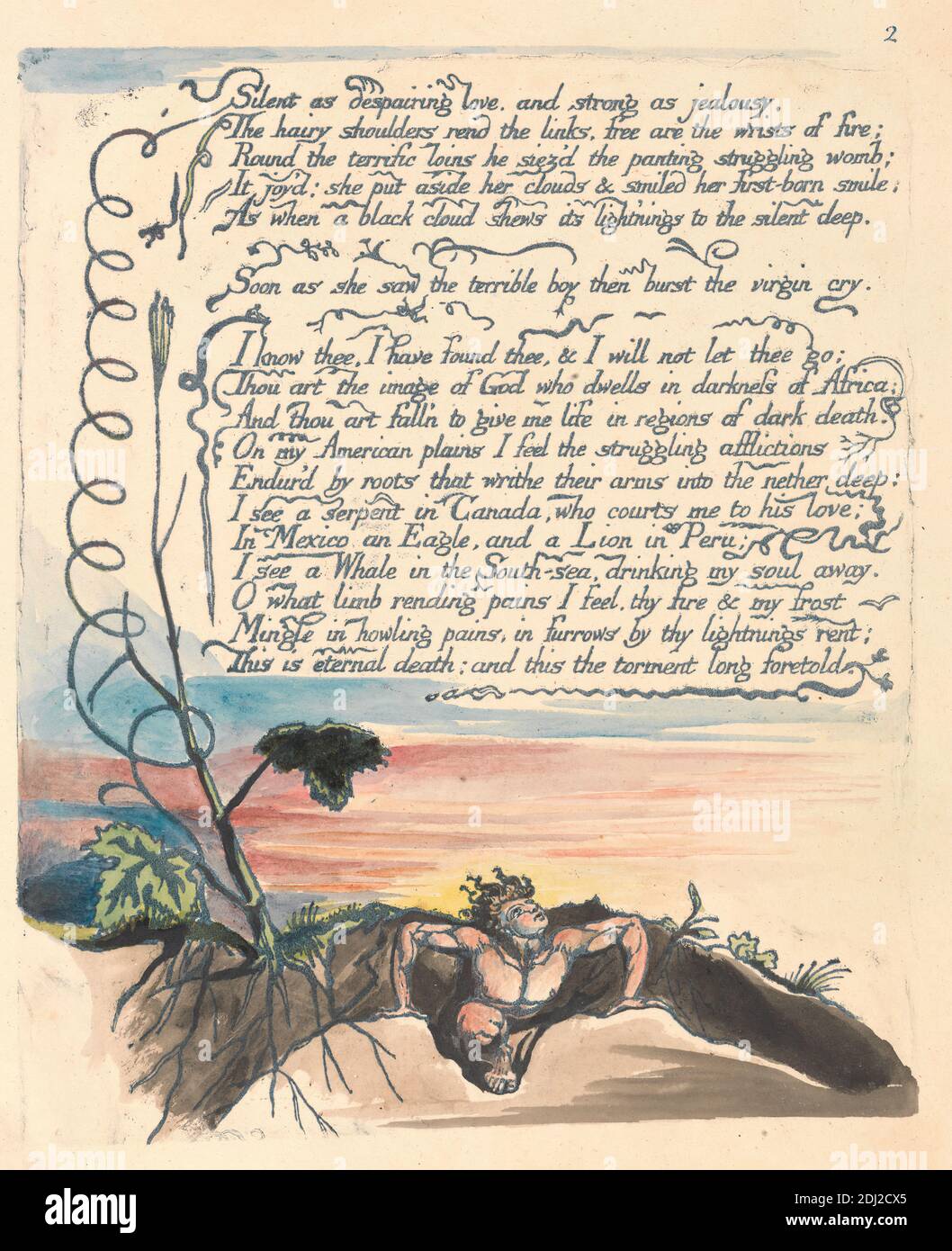 América. A Prophecy, Plate 4, 'Silent as Desparing love....', Print made by William Blake, 1757–1827, British, 1793, Relief grabado en azul con tinta negra y tinta y acuarela sobre papel de paloma crema moderadamente grueso, ligeramente texturizado, Hoja: 14 1/2 x 10 1/2 pulgadas (36.8 x 26.7 cm) y placa: 8 1/2 x 6 3/4 pulgadas (21.6 x 17.1 cm), hombres, sujeto religioso y mitológico, raíces, texto, árboles, vides Foto de stock