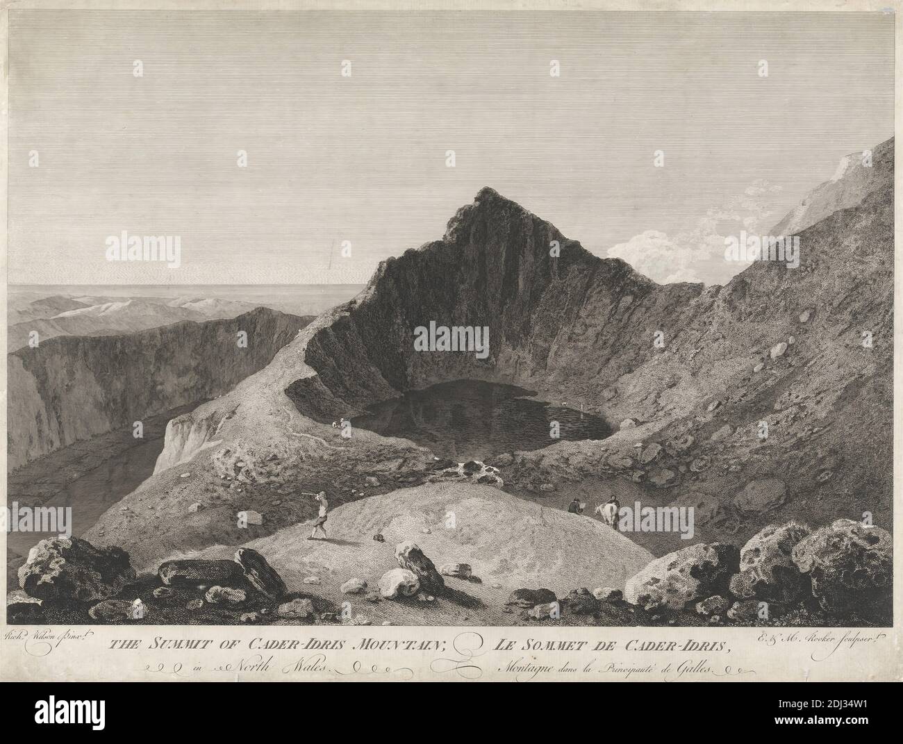 The Summit of Cader Idris Mountain, Edward Rooker, 1724–1774, British, Michael 'Angelo' Rooker, 1746–1801, British, después de Richard Wilson RA, 1714–1782, British, activo en Italia (1750–56), 1775, línea de grabado y grabado en un grosor moderado, ligeramente texturizado, papel de color crema, Hoja: 15 1/2 × 20 7/16 pulgadas (39.4 × 51.9 cm) e imagen: 13 13/16 × 19 7/8 pulgadas (35.1 × 50.5 cm), ganado, acantilados, cráteres, colinas, lagos, montañas, rocas (formas terrestres), telescopios, turistas, Cader Idris Foto de stock