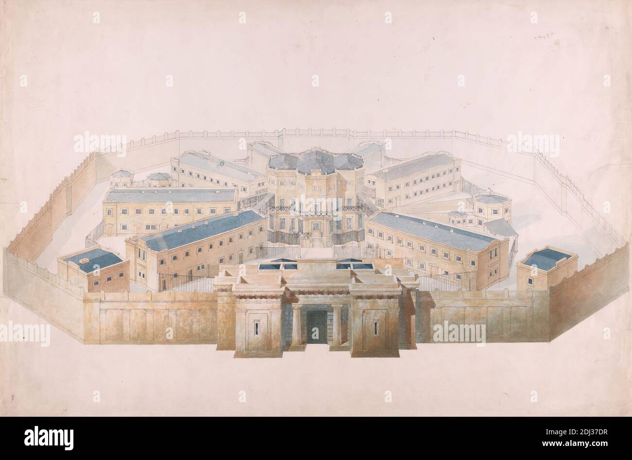 Un diseño para una prisión: Perspectiva aérea, Estudio de Sir Jeffry Wyatville, 1766–1840, británico, sin fecha, grafito, pluma y tinta negra y acuarela sobre papel de move ligeramente texturizado, moderadamente grueso, crema, Hoja: 19 1/4 × 29 pulgadas (48.9 × 73.7 cm), tema arquitectónico Foto de stock