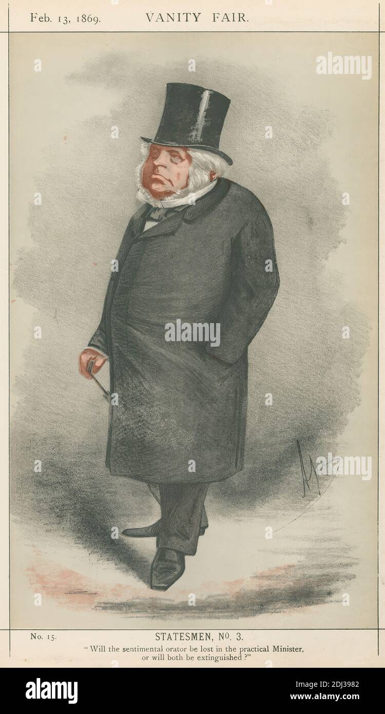 Políticos - Vanity Fair - "¿se perderá el orador sentimental en el Ministro práctico, o ambos se extinguirán?" La Rt. El Honorable John Bright. 13 de febrero de 1869, Carlo Pellegrini, 1839–1889, italiano, 1869, Chromolitograph Foto de stock