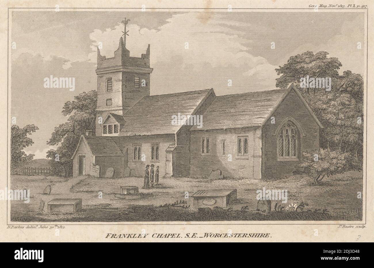 Frankley Chapel, S. E., Worcestershire, impresión hecha por James Basire, 1769–1822, británico, después de David Parkes, 1763–1833, británico, 1812, grabado en medio, ligeramente texturizado, papel de paloma crema, hoja: 4 1/2 x 6 7/8 pulgadas (11.5 x 17.5 cm) e imagen: 3 15/16 x 6 9/16 pulgadas (10 x 16.6 cm), tema arquitectónico, capilla, iglesia, nubes, cerca, hierba, sombreros, la revista Gentleman's Magazine, lápidas, árboles, caminar, mujeres, Inglaterra, Frankley Chapel, Halfshire cientos, Reino Unido, Worcestershire Foto de stock