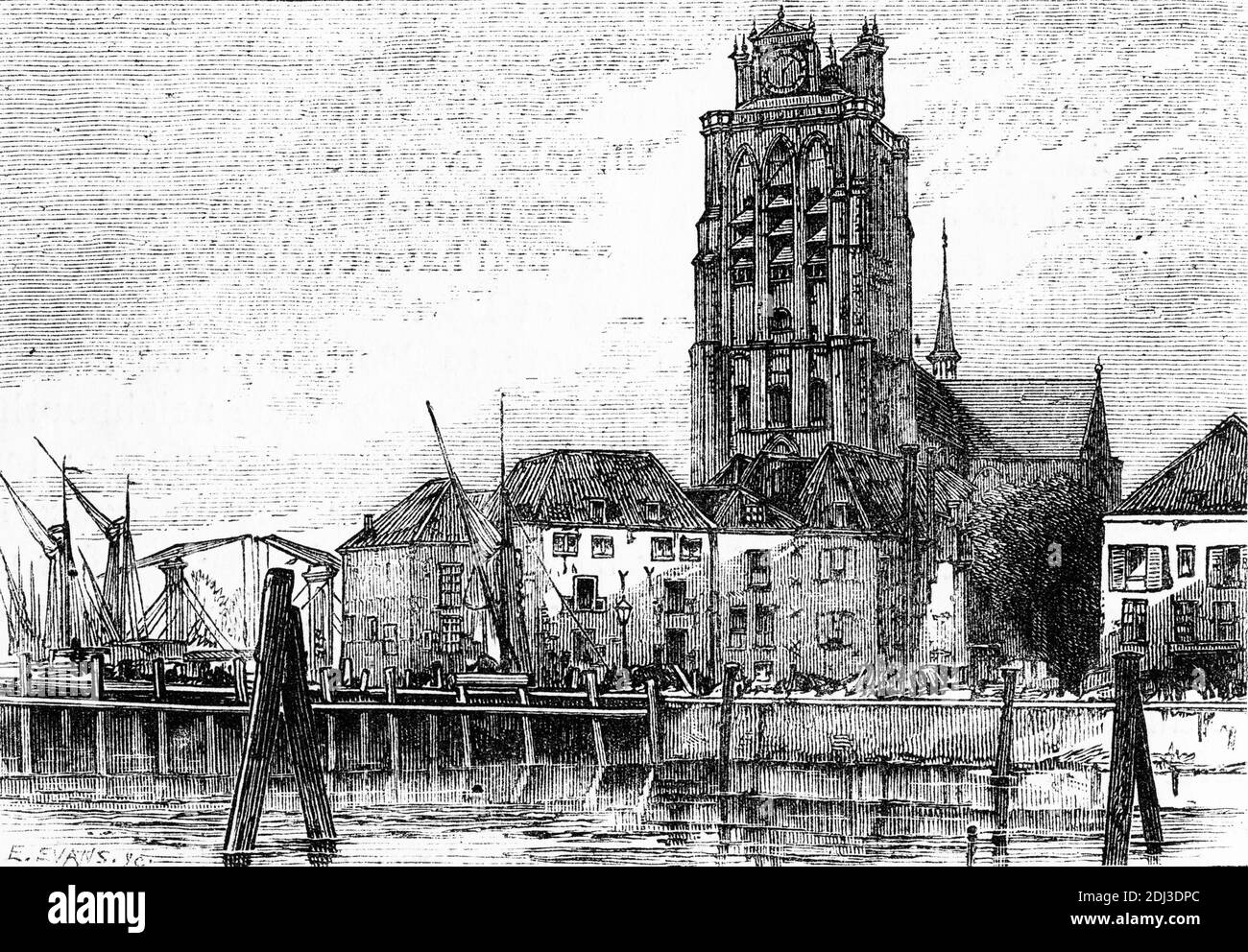 Grabado de la catedral en la ciudad de Dordescht, históricamente conocida en inglés como Dordt o Dort, una ciudad y municipio en los países Bajos occidentales, situado en la provincia de Holanda del Sur. Foto de stock