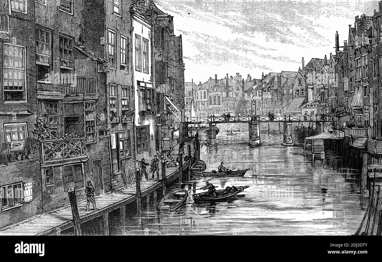 Grabado de un canal en la ciudad de Dordescht, históricamente conocido en inglés como Dordt o Dort, una ciudad y municipio en los países Bajos occidentales, situado en la provincia de South Holland. Foto de stock