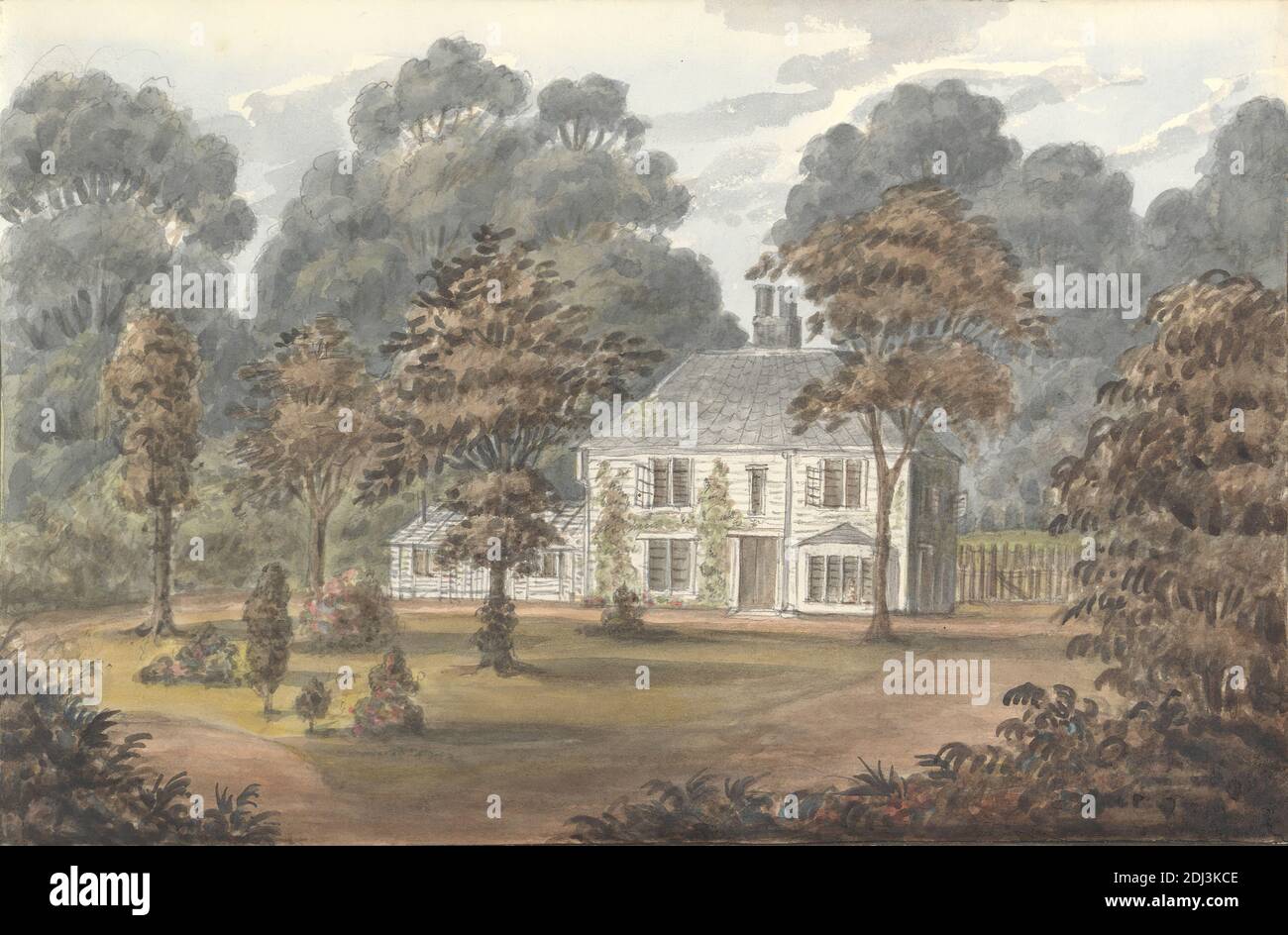 Grove Cottage, Wanstead, Anne Rushout, ca. 1768–1849, británico, 1824 a 1832, acuarela sobre papel de paloma crema de grosor moderado, ligeramente texturizado, tema arquitectónico Foto de stock
