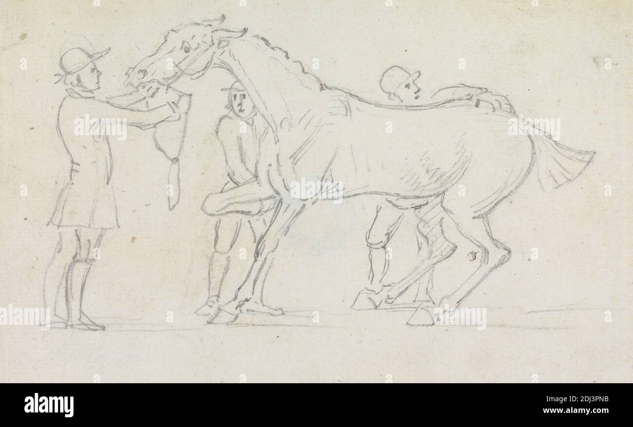 Flying Childers and Grorooms, James Seymour, 1702–1752, británico, sin fecha, grafito en medio, moderadamente texturizado, blanco azulado, papel laico, Hoja: 3 7/8 × 6 1/4 pulgadas (9.8 × 15.9 cm), estudio de la figura, guindas (cuidadores de caballos), caballo (animal), carreras de caballos, hombres, arte deportivo Foto de stock