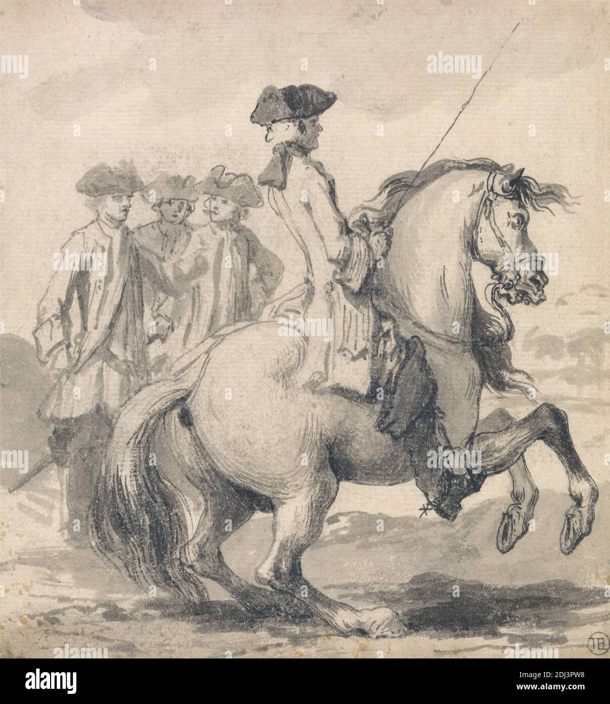 El Manege-Gallop con la pierna derecha' grabado como placa 14 en 'veinticinco acciones del caballo de control...', John Vanderbank, 1694–1739, británico, 1729, pluma, en tinta gris, tinta negra, grafito, y lavado gris en medio, ligeramente texturizado, crema, papel laico, Hoja: 6 5/8 × 6 1/4 pulgadas (16.8 × 15.9 cm), estudio de la figura, figuras (representaciones), caballo (animal), jinetes, equitación, jinetes, hombres, arte deportivo Foto de stock