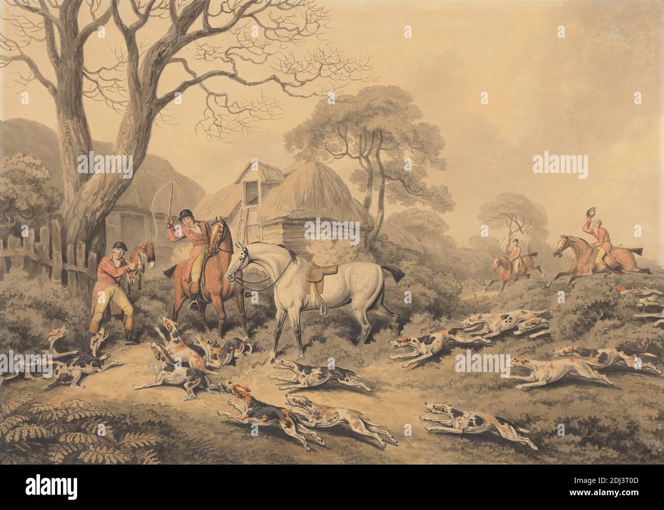 Foxhunting: The Death, Samuel Howitt, 1756–1822, británico, sin fecha, acuarela, tinta negra y pluma, tinta gris, y grafito sobre moderadamente grueso, ligeramente texturizado, crema, papel de paloma, Hoja: 12 1/2 × 17 15/16 pulgadas (31.8 × 45.6 cm Foto de stock