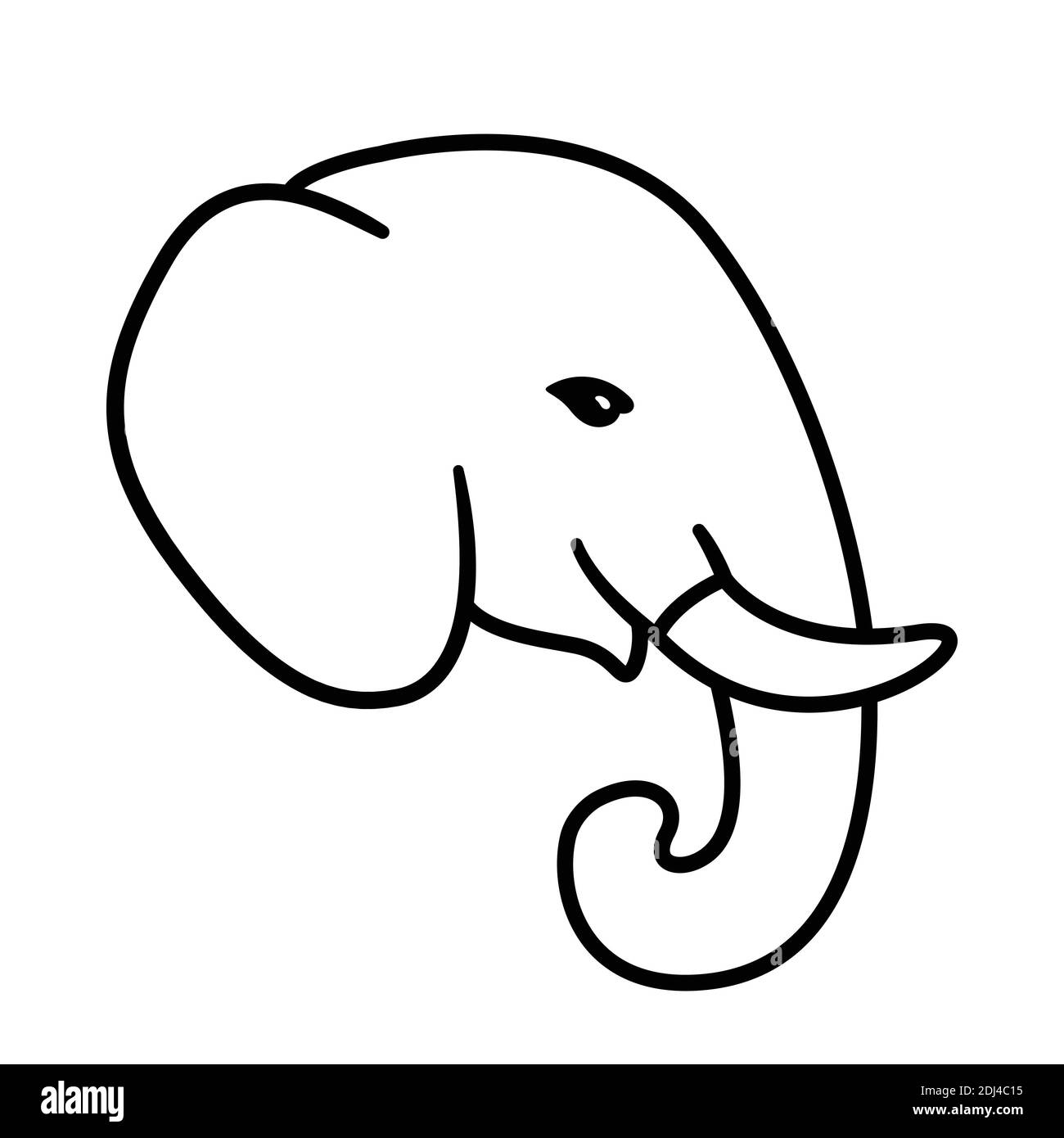 Cabeza de elefante de dibujos animados. Dibujo de perfil de elefante sencillo, línea blanca y negra. Ilustración de clip vectorial. Ilustración del Vector