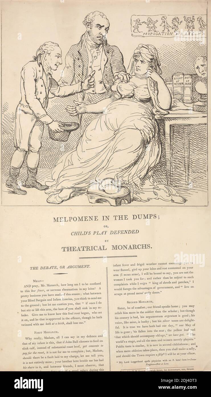 La melpomena en los vertederos; o, la obra infantil defendida por los monarcas teatrales, Thomas Rowlandson, 1756–1827, británico, 1804, Etching Foto de stock