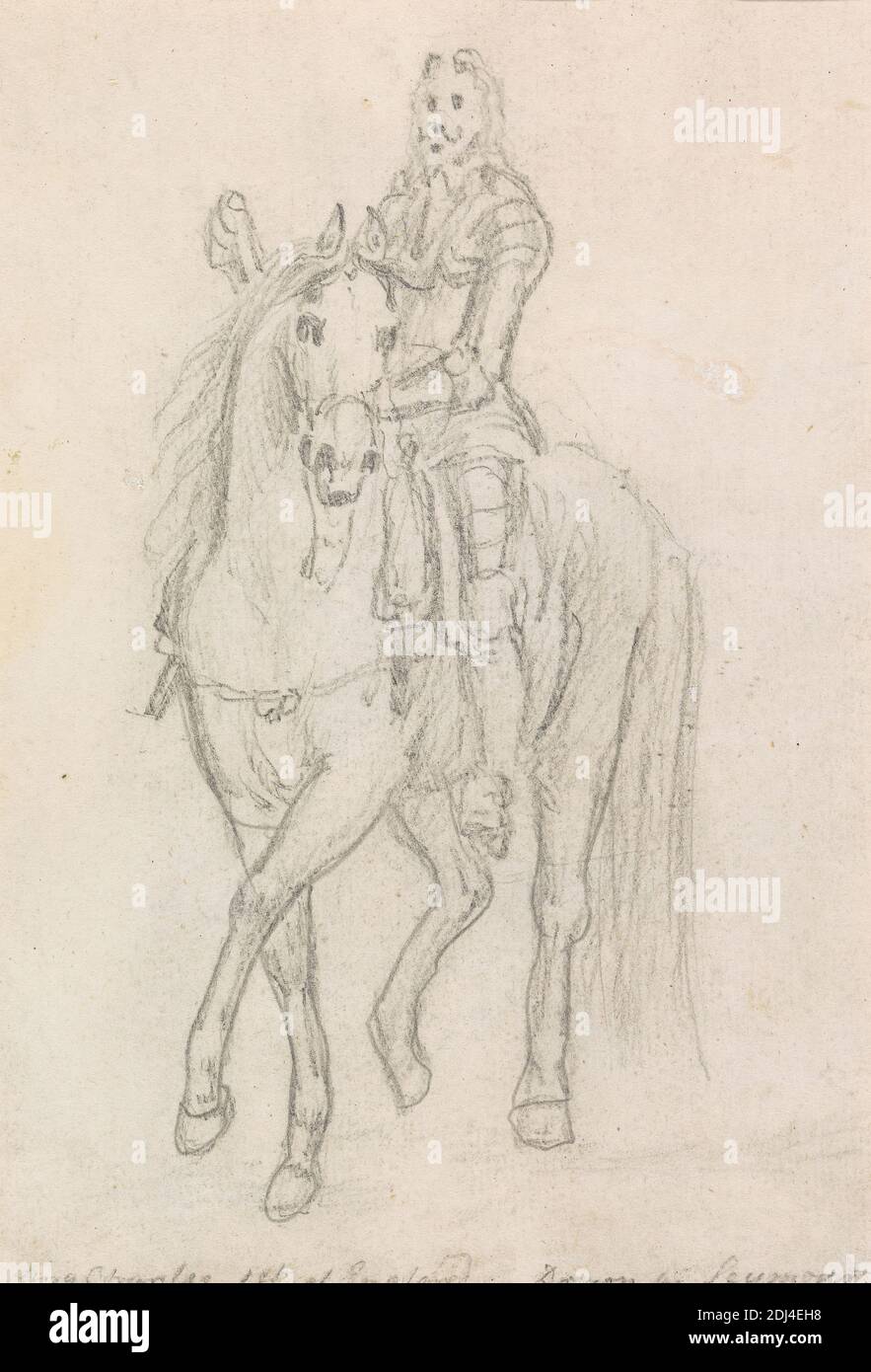 Rey Carlos I de Inglaterra, montado, James Seymour, 1702–1752, británico, sin fecha, grafito sobre medio, ligeramente texturizado, papel de color crema, Hoja: 6 1/4 × 4 1/4 pulgadas (15.9 × 10.8 cm), montura: 12 × 14 1/4 pulgadas (30.5 × 36.2 cm), y encuadernación: 12 pulgadas (30.5 cm), estudio de la figura, caballo (animal), jinetes, paseos a caballo, rey (persona), hombre, arte deportivo Foto de stock