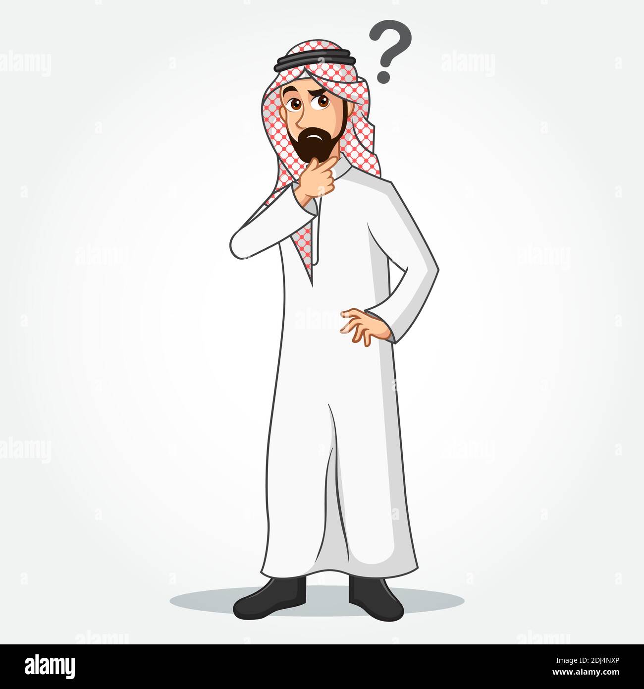 Personaje de dibujos animados de hombre de negocios árabe en ropa  tradicional pensando con preguntas icono de marca aislado sobre fondo  blanco Imagen Vector de stock - Alamy
