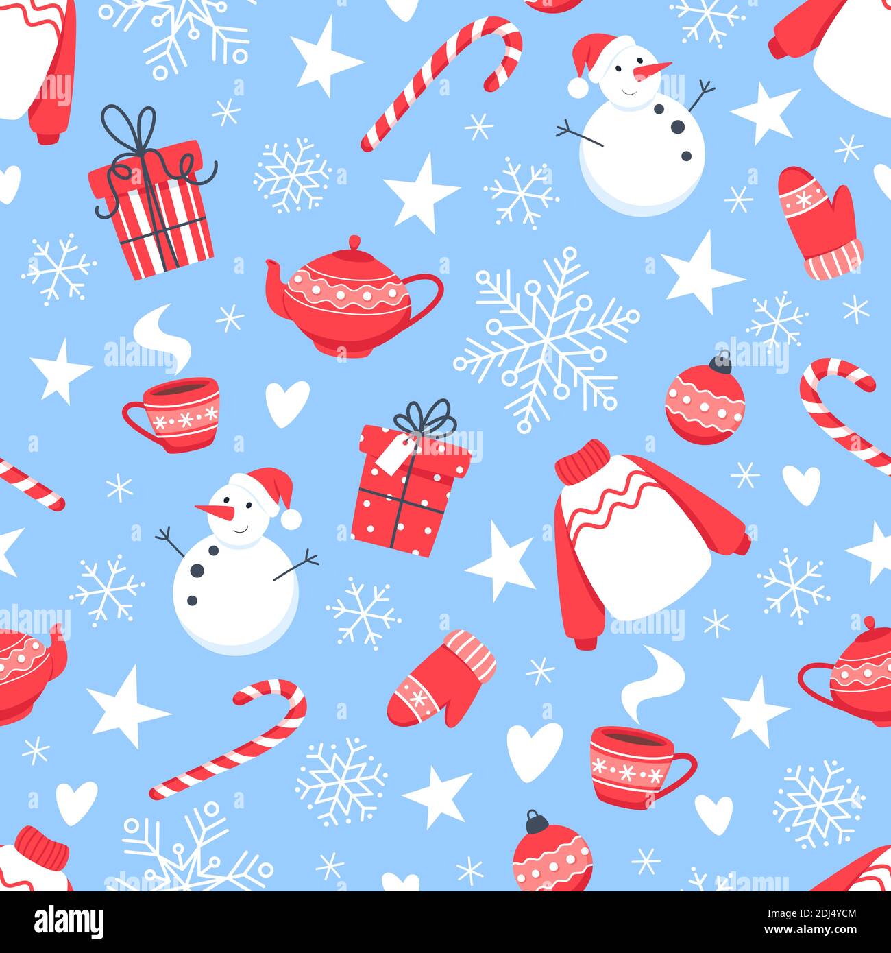 Patrón de Navidad sin costuras con muñeco de nieve, copos de nieve y  caramelos de año nuevo sobre fondo azul Imagen Vector de stock - Alamy