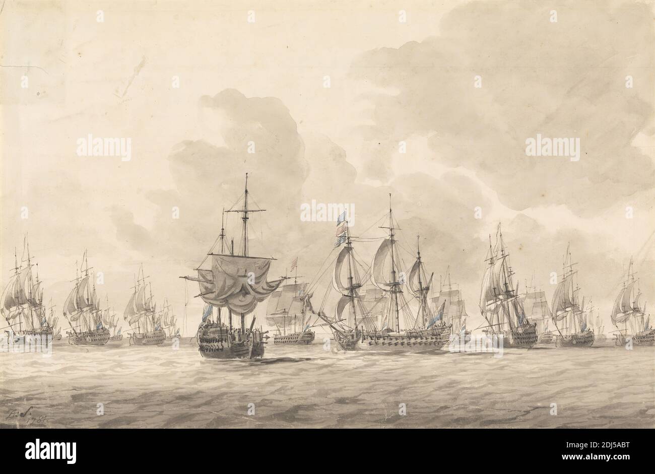 The Battle of the Dogger Bank, 5 de agosto de 1781, Dominic Serres RA, 1722–1793, francés, activo en Gran Bretaña (desde la década de 1750), 1781, tinta pluma y gris y lavado gris con trazas de acuarela sobre grafito sobre Crema, moderadamente texturizada, fina, papel laico, Hoja: 9 1/4 x 14 1/4 pulgadas (23.5 x 36.2 cm), batallas, Cuarta Guerra Anglo-Holandesa, 1780–1784, arte marino, mar, navegación, guerras, Mar del Norte Foto de stock