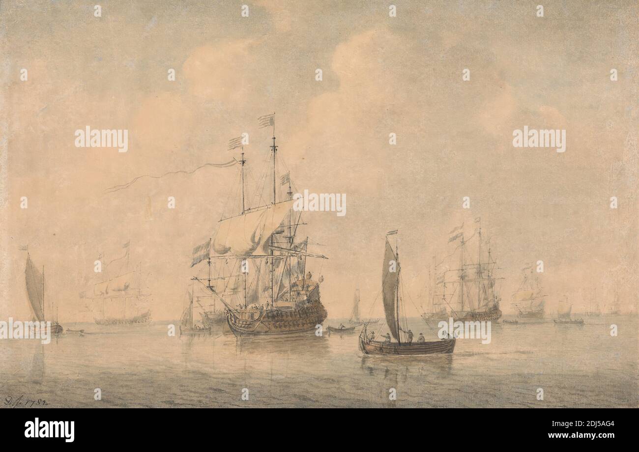 Buques de guerra que se preparan para navegar desde su fondeadero, Dominic Serres RA, 1722–1793, francés, activo en Gran Bretaña (desde la década de 1750), 1782, acuarela y pluma y tinta gris con grafito en crema, moderadamente grueso, ligeramente texturizado, papel laico, Hoja: 9 1/4 x 14 1/4 pulgadas (23.5 x 36.2 cm), barcos, nubes, hombres, océanos, barcos, guerra, guerras, buques de guerra Foto de stock