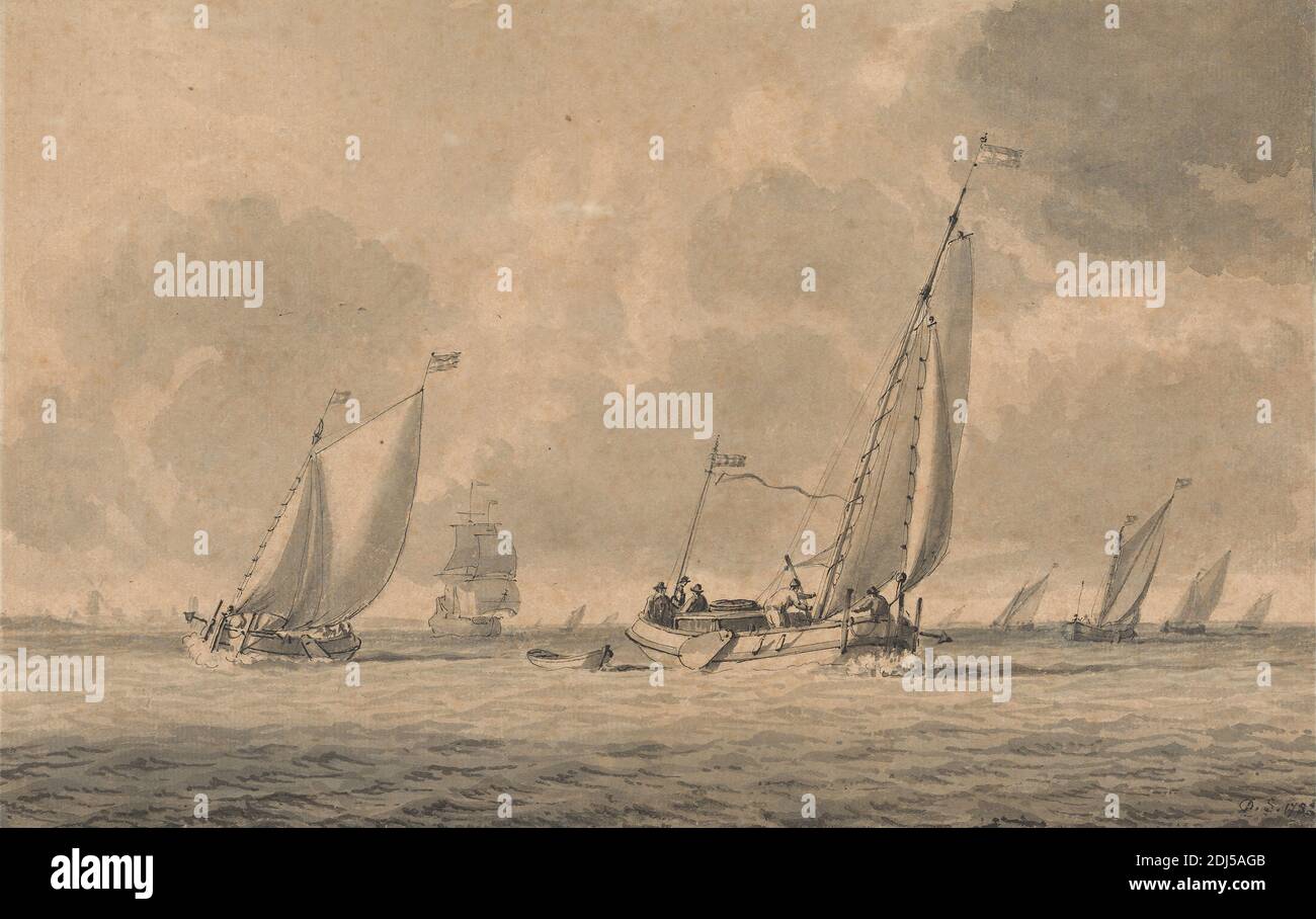 Barcazas con salida al mar, Dominic Serres RA, 1722–1793, francés, activo en Gran Bretaña (desde la década de 1750), 1782, lavado gris con pluma y tinta negra en crema, medio, ligeramente texturado, papel colocado montado sobre un grosor moderado, textura moderada, papel de color crema, Hoja: 7 1/4 x 11 1/2 pulgadas (18.4 x 29.2 cm) y montaje: 11 1/2 × 15 5/8 pulgadas (29.2 × 39.7 cm), barcazas (embarcación de fondo plano), historia marítima, océanos, barcos de vela, marineros, barcos, agua Foto de stock