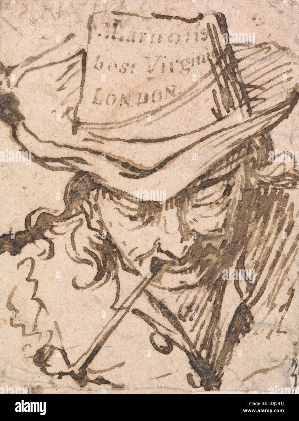 Un hombre en un sombrero de ala ancha, fumar una pipa, Marcellus Laroon el  joven, (mayor), 1679–1772, británico, sin fecha, pluma y tinta marrón en  papel grueso, moderadamente texturizado, crema de la