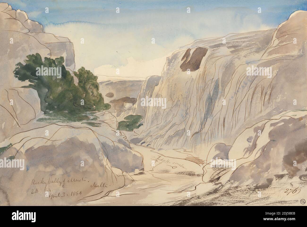 Rocky Valley of Mosta, Malta, 2:15 p.m. (3 de abril de 1866), Edward Lear, 1812–1888, British, 1866, acuarela con pluma y tinta marrón sobre grafito sobre moderadamente tajo, ligeramente texturizada, papel de paloma crema, Hoja: 9 5/8 x 14 1/4 pulgadas (24.4 x 36.2 cm), paisaje, carretera, rocas (formas terrestres), cielo, valle (forma terrestre), vegetación, Malta, Mosta Foto de stock