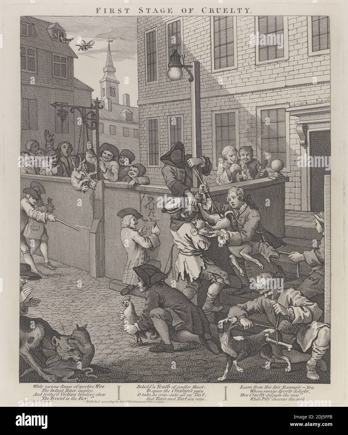 La primera etapa de la crueldad: Niños torturando animales, impresión hecha por William Hogarth, 1697–1764, británica, 1751, impresa 1790, línea grabada en papel grueso, blanco, suave, hoja: 24 7/8 x 19 1/4 La primera etapa de la crueldad: Niños torturando animales, impresión hecha por William Hogarth, 1697–1764, británica, 1751, impresa 1790, línea grabada en papel grueso, blanco, suave, hoja: 24 7/8 x 19 1/4