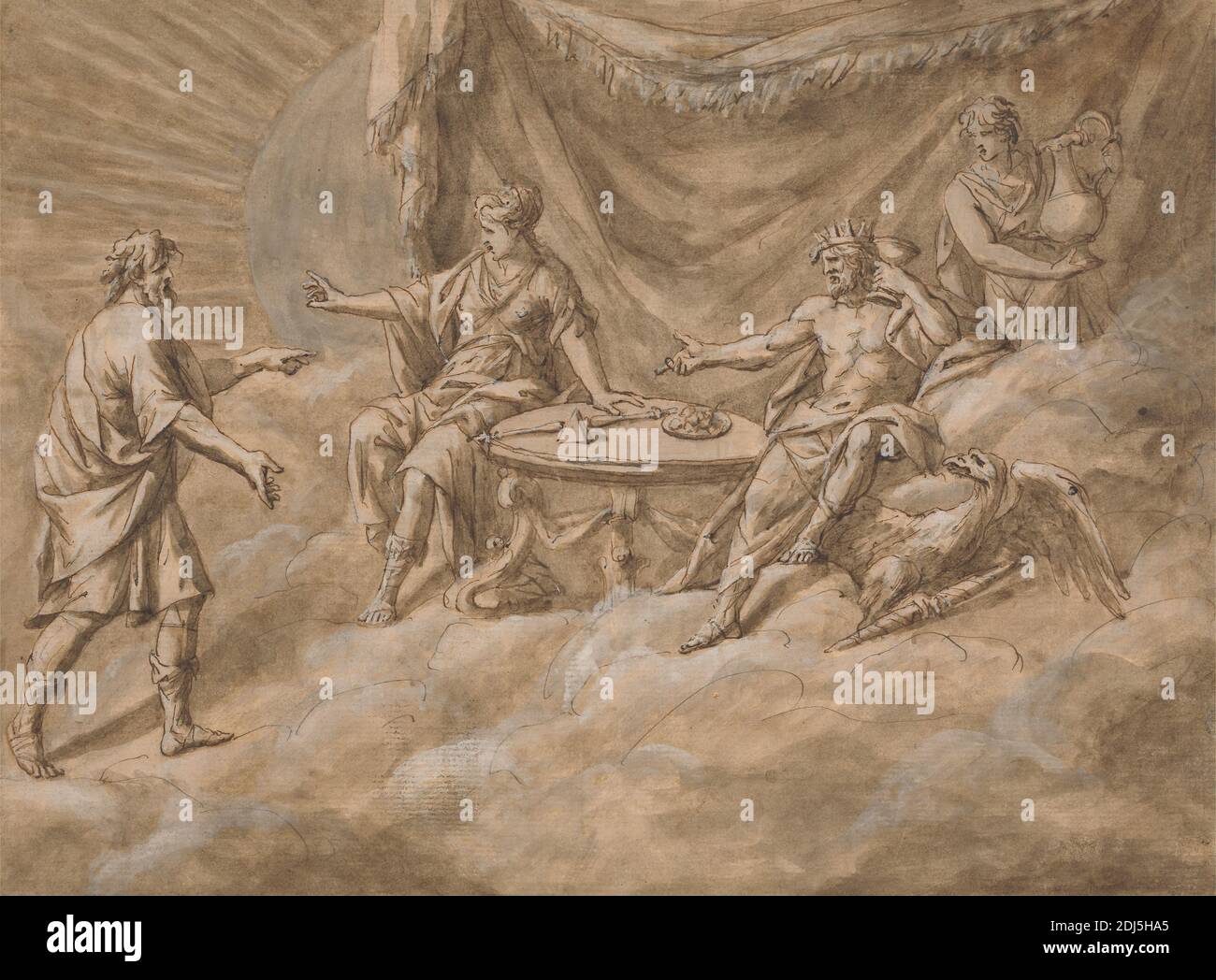 Una escena en el Monte Olimpo, John Michael Rysbrack, 1694–1770, flamenco, activo en Gran Bretaña (desde 1720), sin fecha, tinta pluma y marrón, lavado marrón, y gouache blanco en medio, ligeramente texturado, papel de color crema, Hoja: 8 1/4 x 11 1/4pulg. (21 x 28,6 cm), Hoja: 8 3/8 × 11 1/4 pulgadas (21.3 × 28.6 cm), y Monte: 10 5/8 × 13 1/2 pulgadas (27 × 34.3 cm), atributos de Júpiter: thunderbolt, nubes, cortina, águila, alpinera, goblet, diosas, dioses, cielo, rey (persona), Olimpo, plato, prisma, reina (persona), sujeto religioso y mitológico, siervo, lanza, sol, mesa, hablar Foto de stock